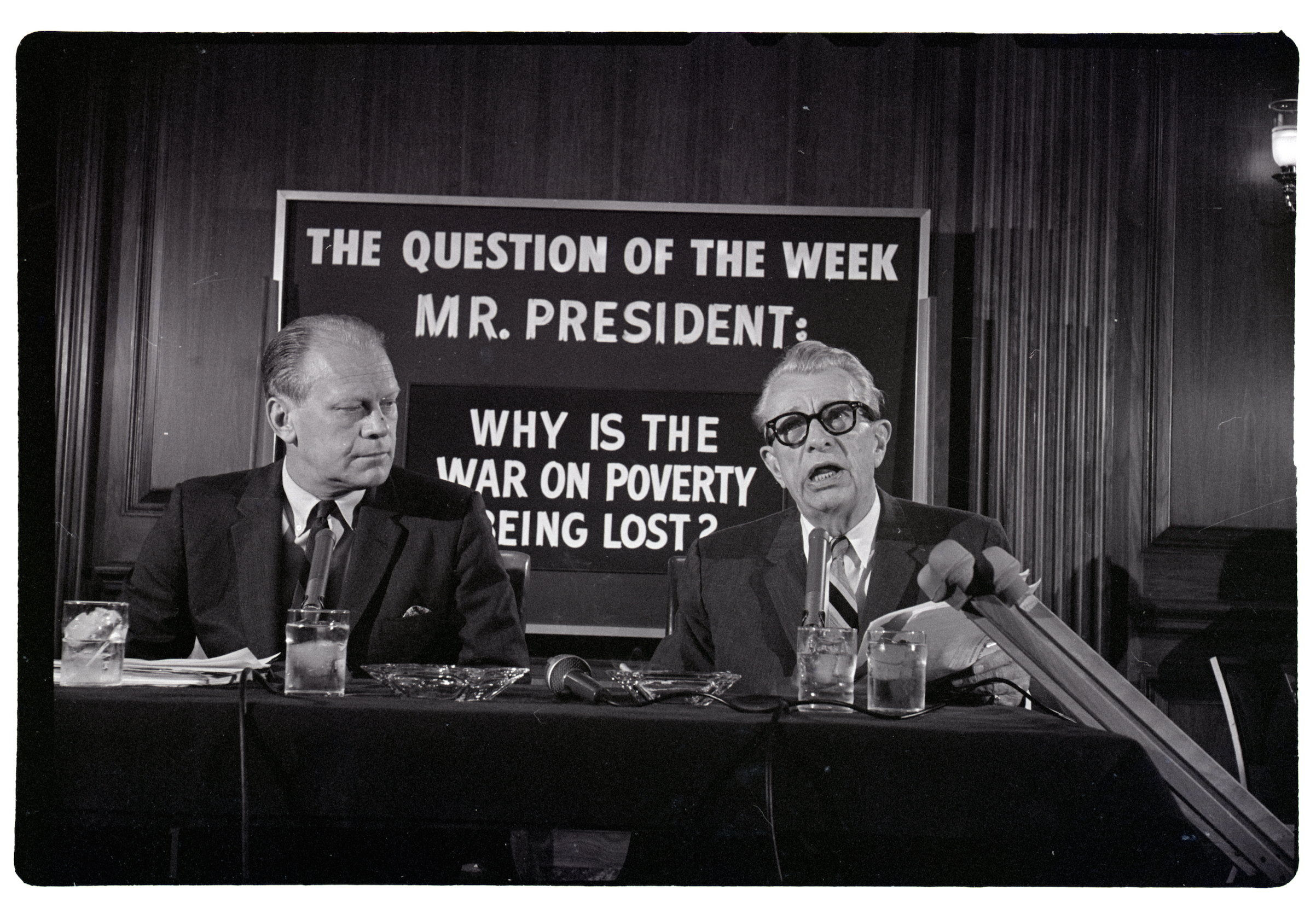 GOP congressional leaders Representative Gerald Ford, (L), and Senator Everett M. Dirksen, at a newsconference on June 2, 1966. (Bettmann/Getty Images)