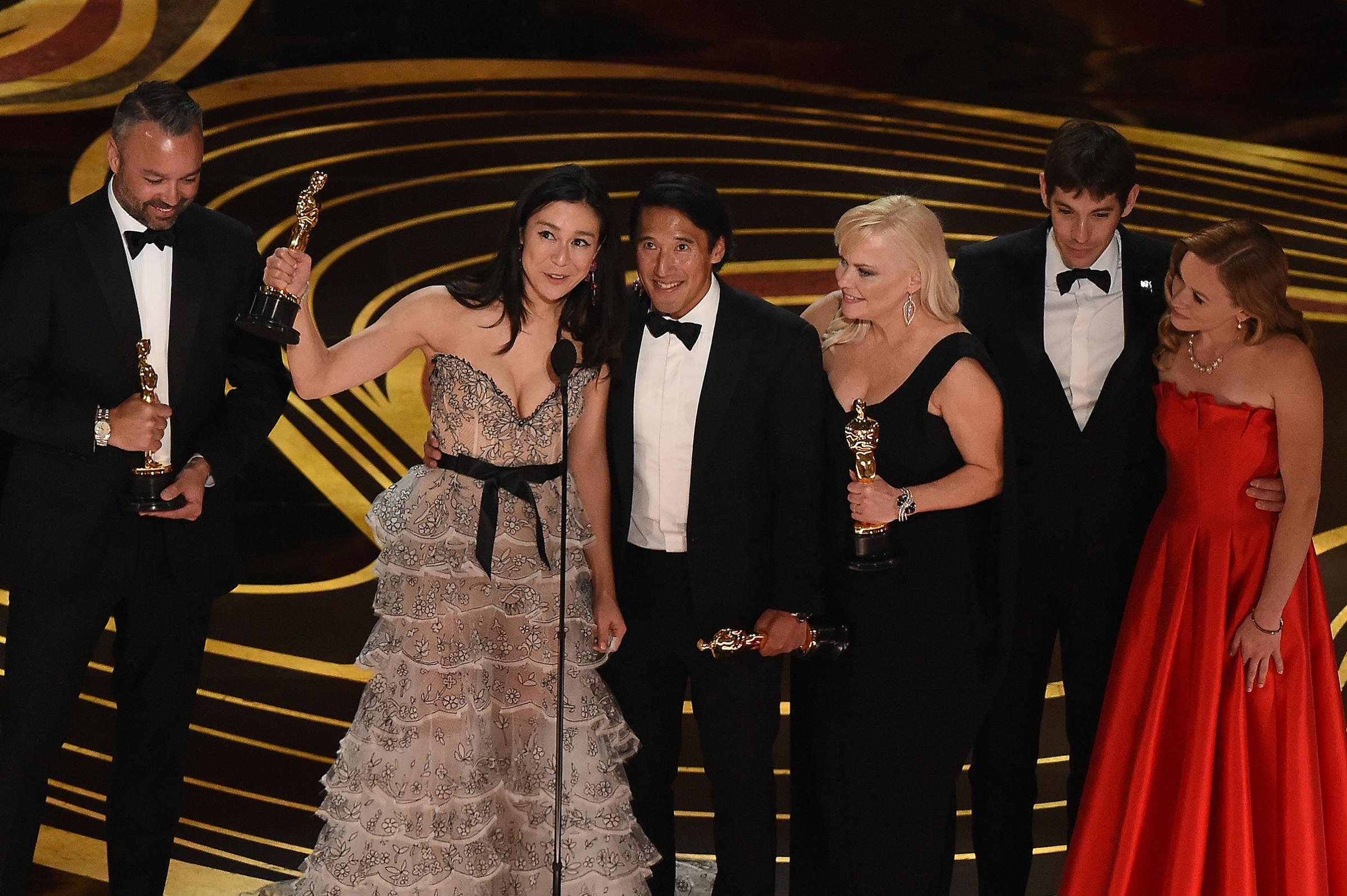 The crew of "Free Solo" accepts the Oscar for Best Documentary during the 91st Annual Academy Awards