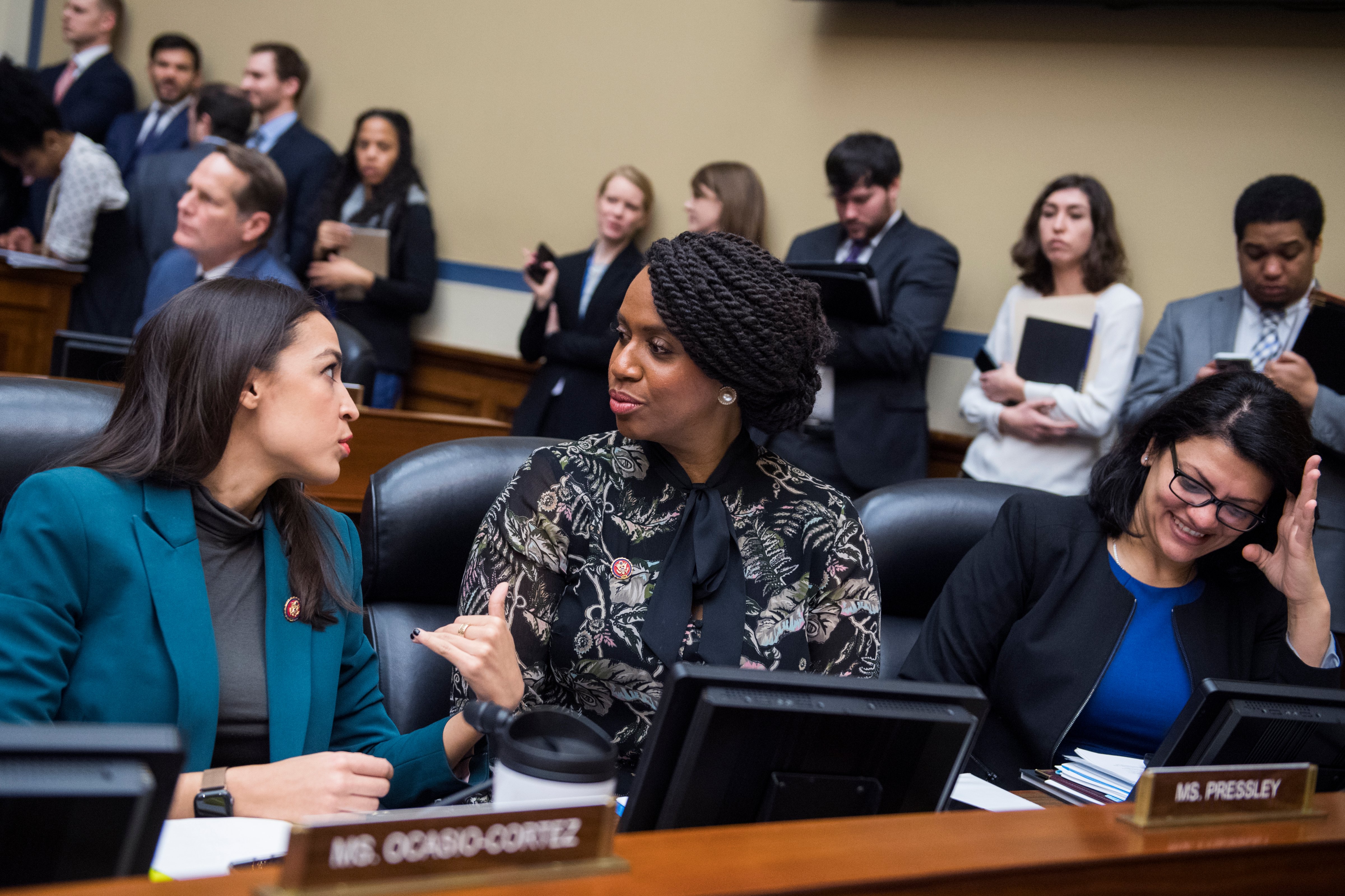 Reps. Alexandria Ocasio-Cortez, D-N.Y., Ayanna Pressley, D-Mass., and Rashida Tlaib, D-Mich., attend a meeting in Rayburn Building on Jan. 29, 2019. (Tom Williams—CQ-Roll Call/Getty Images)
