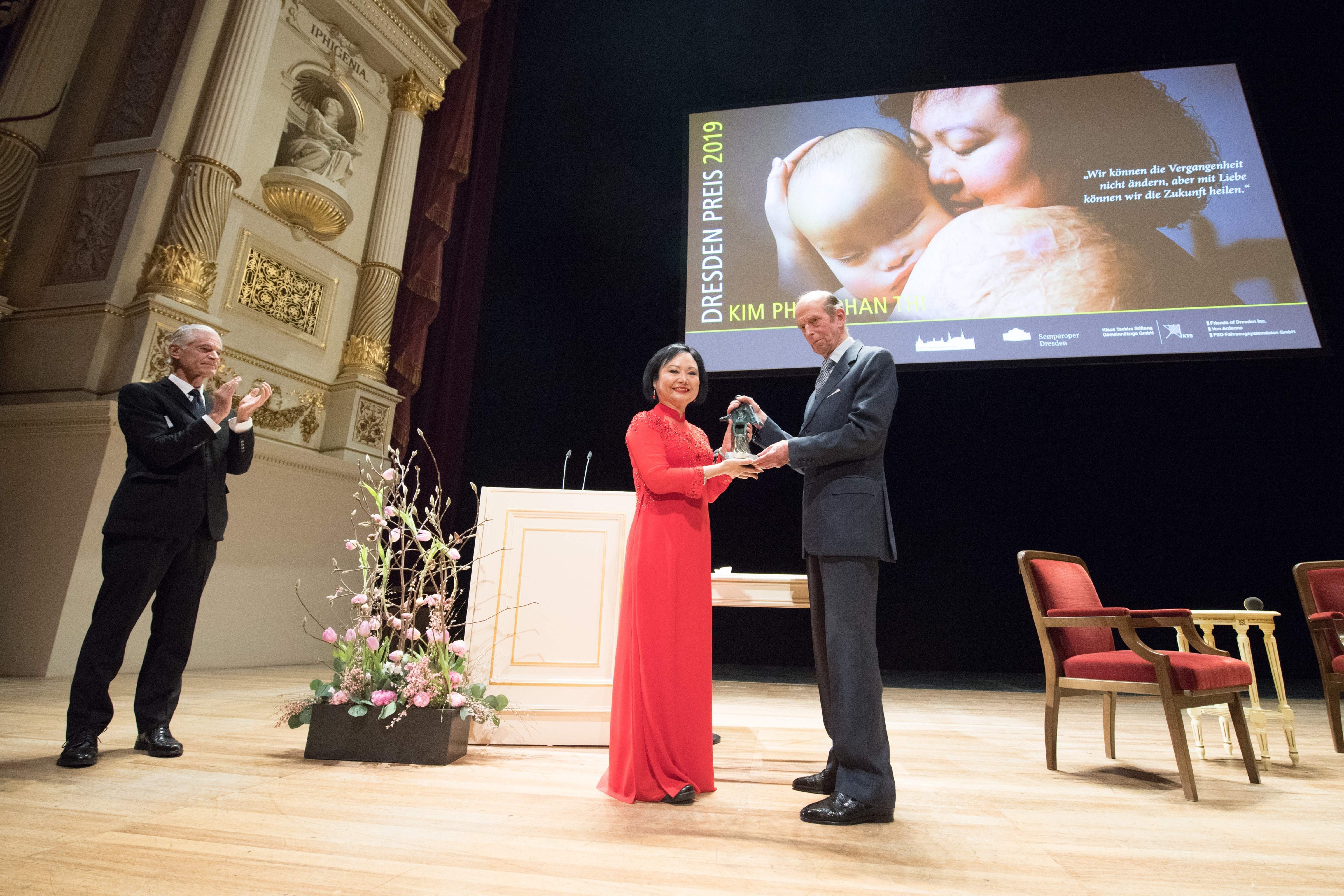 Kim Phuc Phan Thi receives the international peace prize at the Semper Opera in Dresden, Germany, on Feb. 11. (Sebastian Kahnert—AFP/Getty Images)