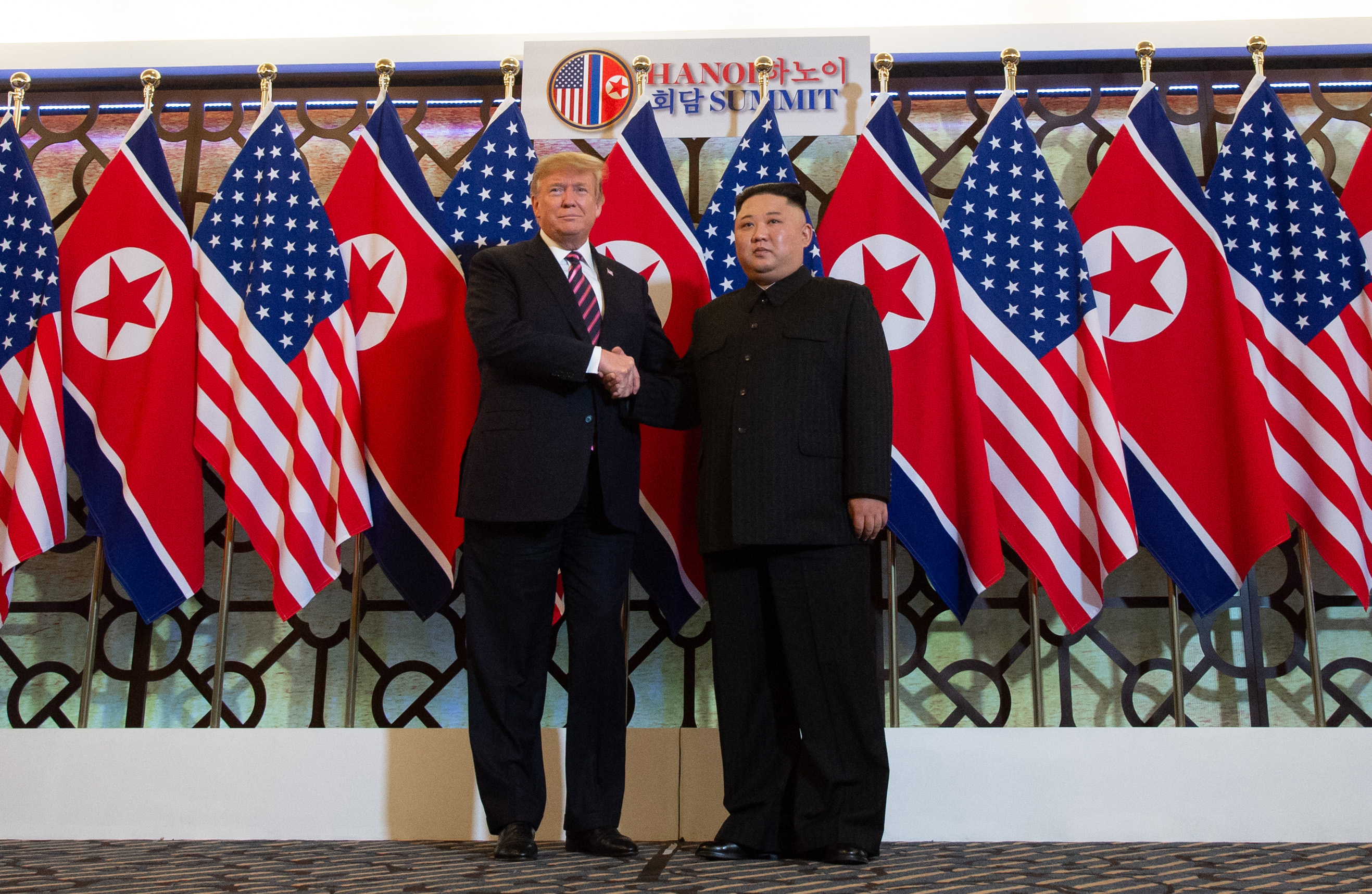 President Donald Trump shakes hands with North Korea's leader Kim Jong Un before a meeting at the Sofitel Legend Metropole hotel in Hanoi on Feb. 27, 2019. (Saul Loeb—AFP/Getty Images)