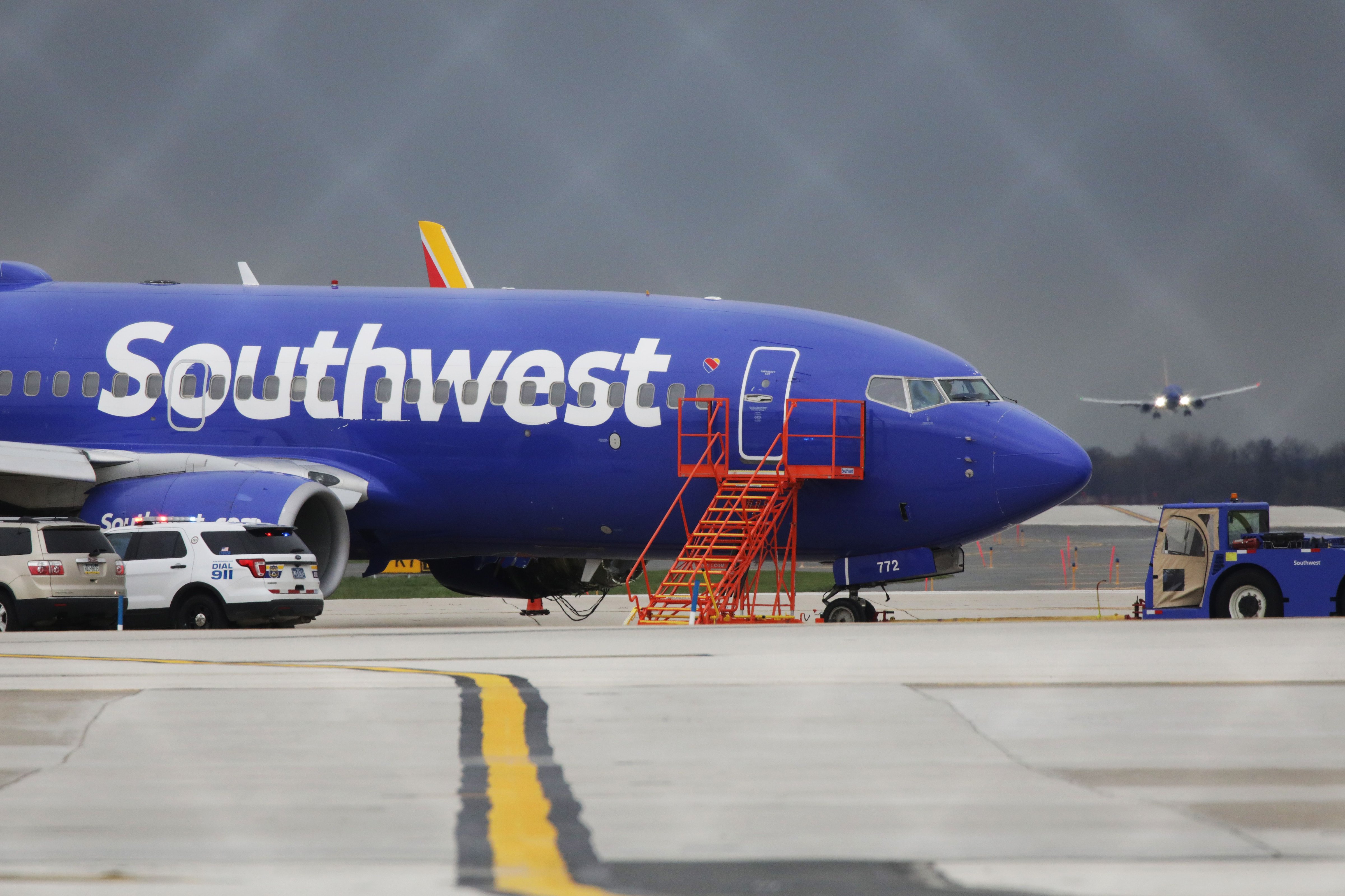 A Southwest Airlines jet sits on the runway at Philadelphia International Airport on April 17, 2018. (Dominick Reuter—AFP/Getty Images)