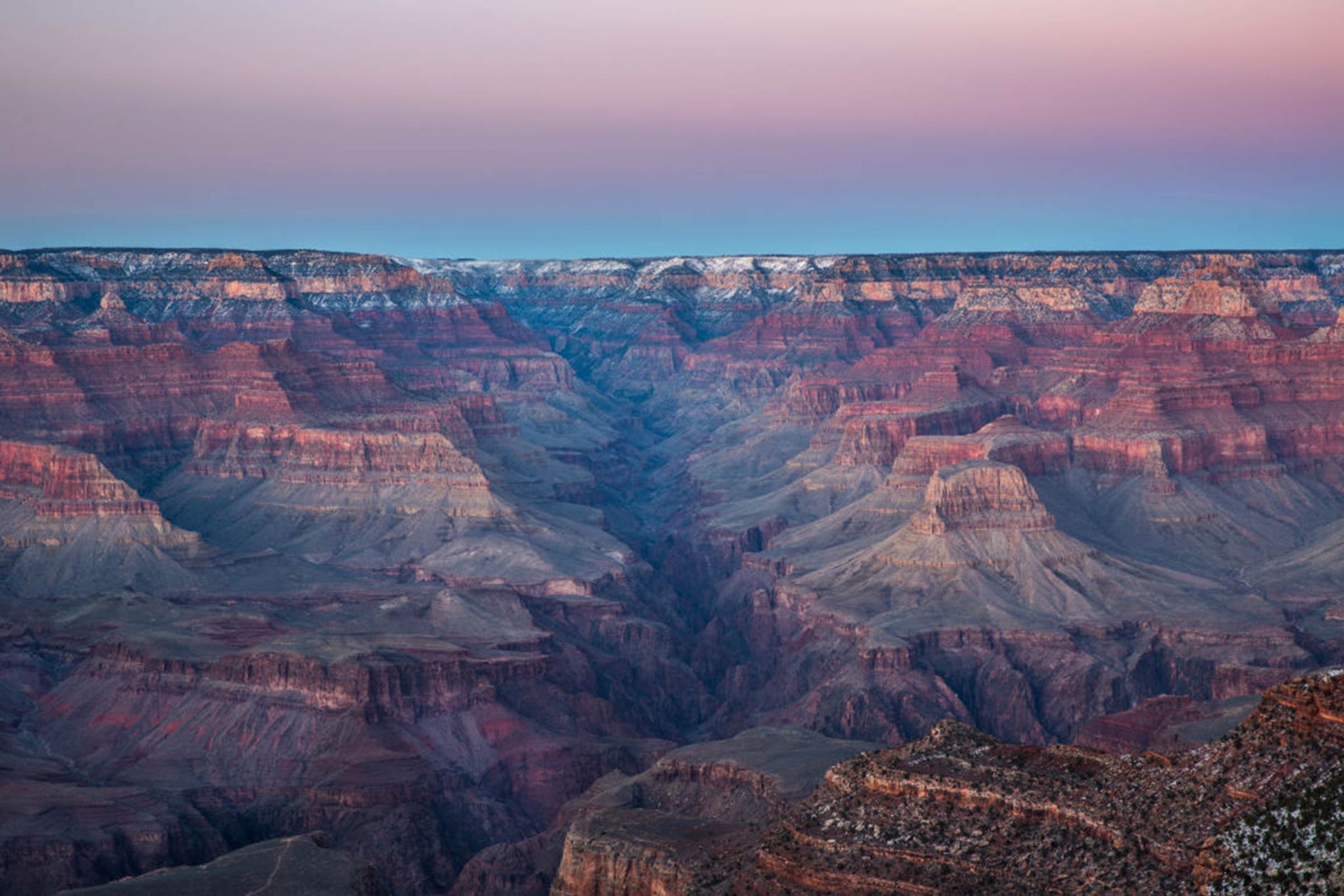 A view of the Grand Canyon just after sunset from the South Rim on Feb. 8, 2019, in Grand Canyon National Park in Arizona. (George Rose—Getty Images)