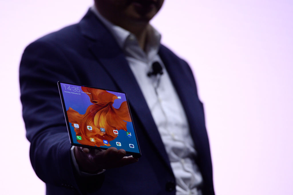 Richard Yu, the CEO of Huawei's consumer products division presents the new HUAWEI Mate X foldable smartphone at the Mobile World Congress (MWC), on the eve of the world's biggest mobile fair, on February 24, 2019 in Barcelona. (JOSEP LAGO—AFP/Getty Images)