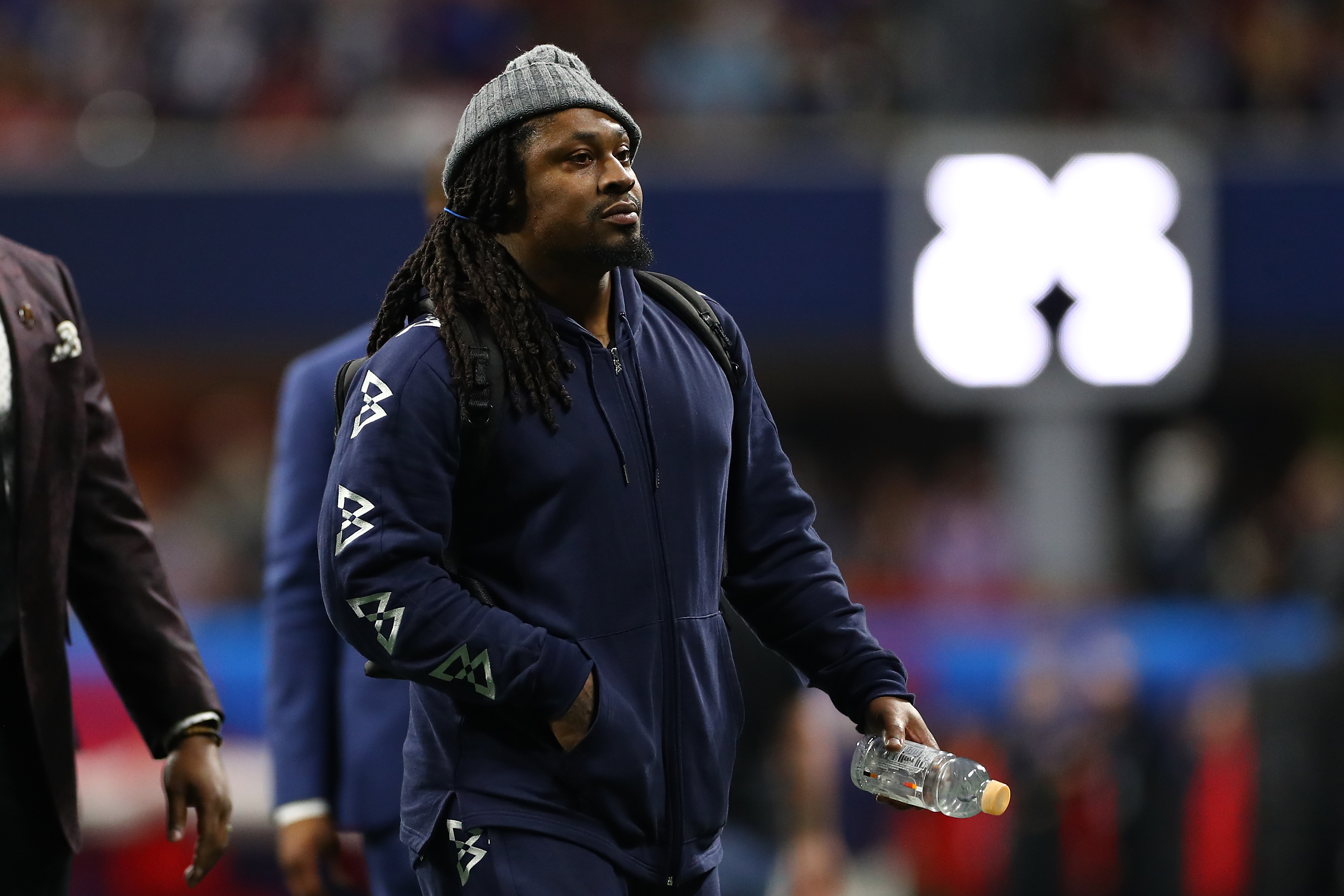 Marshawn Lynch of the Oakland Raiders arrives prior to Super Bowl LIII between the New England Patriots and the Los Angeles Rams at Mercedes-Benz Stadium on February 03, 2019 in Atlanta, Georgia. (Maddie Meyer&mdash;Getty Images)