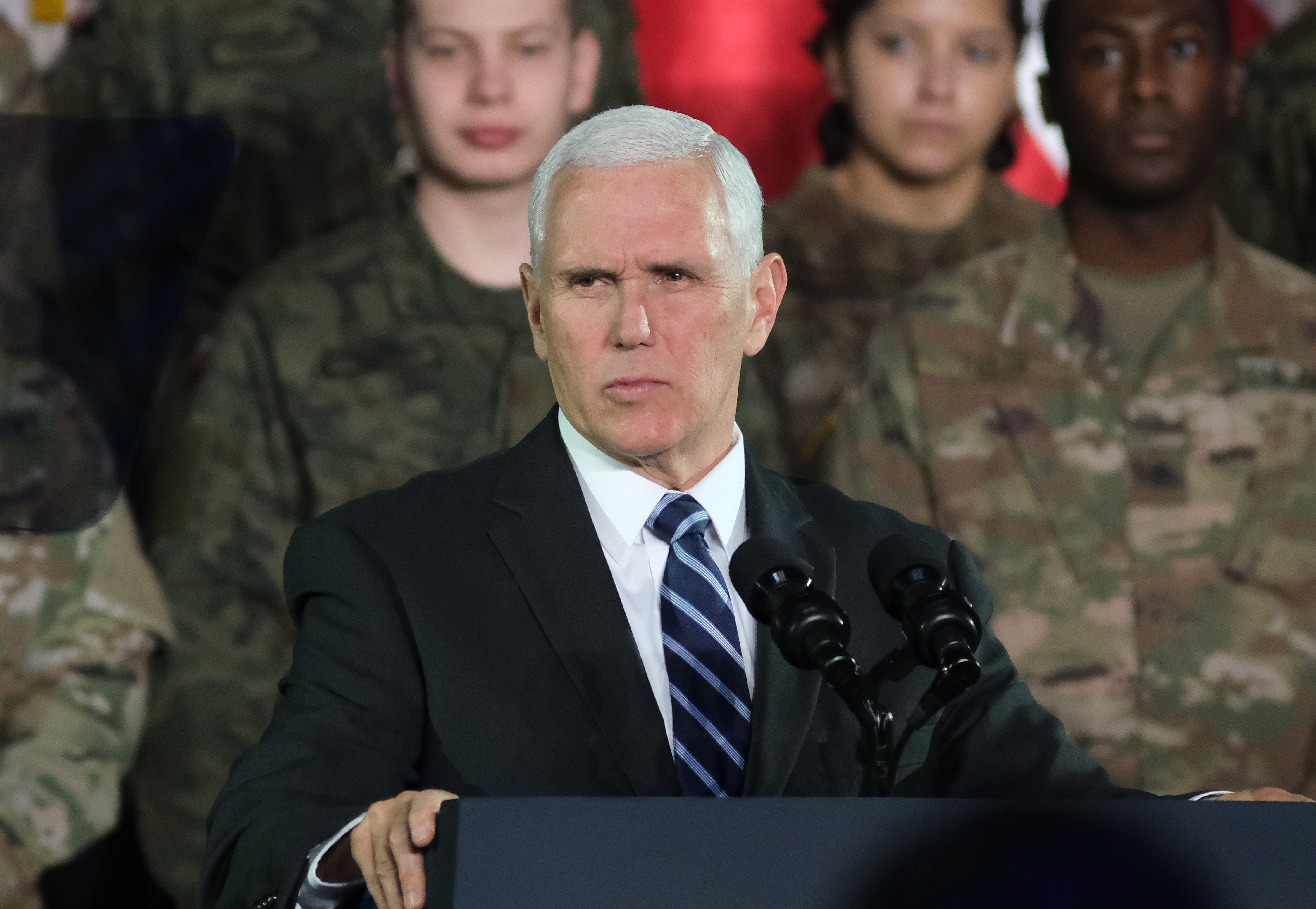 Vice President Mike Pence speaks while visiting Polish and U.S. soldiers at a military base on Feb. 13, 2019 in Warsaw, Poland. (Sean Gallup&mdash;Getty Images)