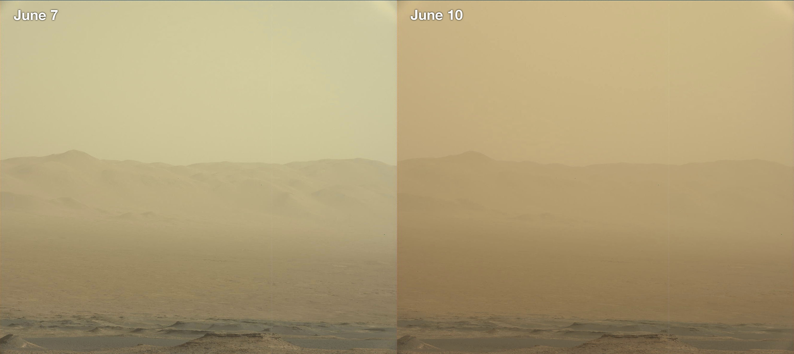 This combination of images made by NASA's Curiosity rover shows the rim of the Gale Crater on June 7 and 10, 2018, during a major dust storm. The Opportunity rover, which is inside the crater, fell silent as the storm blotted out the sun. On June 12, 2018, flight controllers tried to contact Opportunity, but the rover did not respond. (NASA/JPL-Caltech/MSSS via AP)