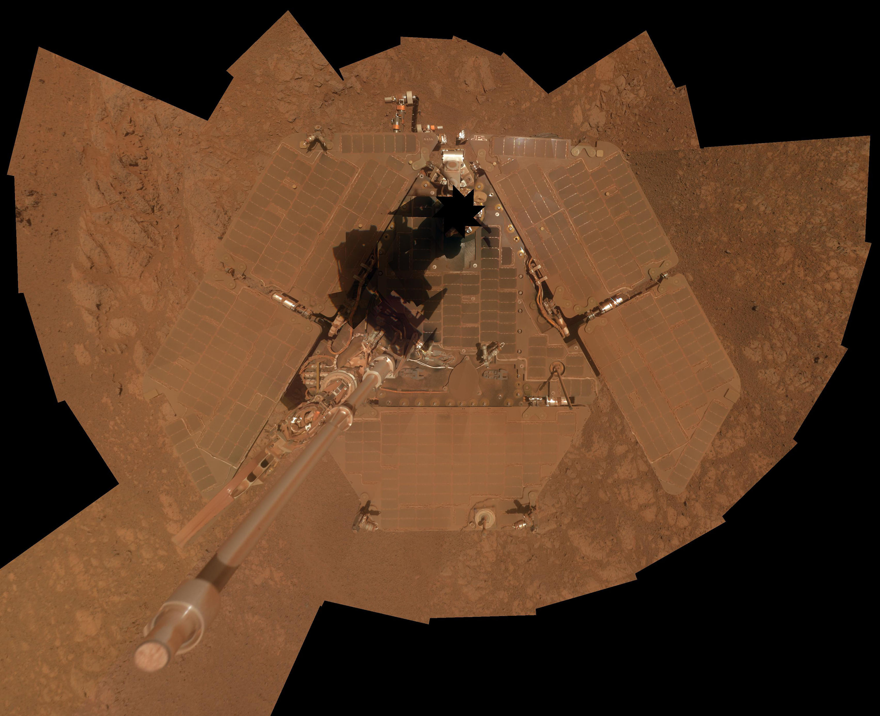 Opportunity recorded the component images for this self-portrait about three weeks before completing a decade of work on Mars. (NASA/JPL-Caltech/Cornell University/Arizona State University)