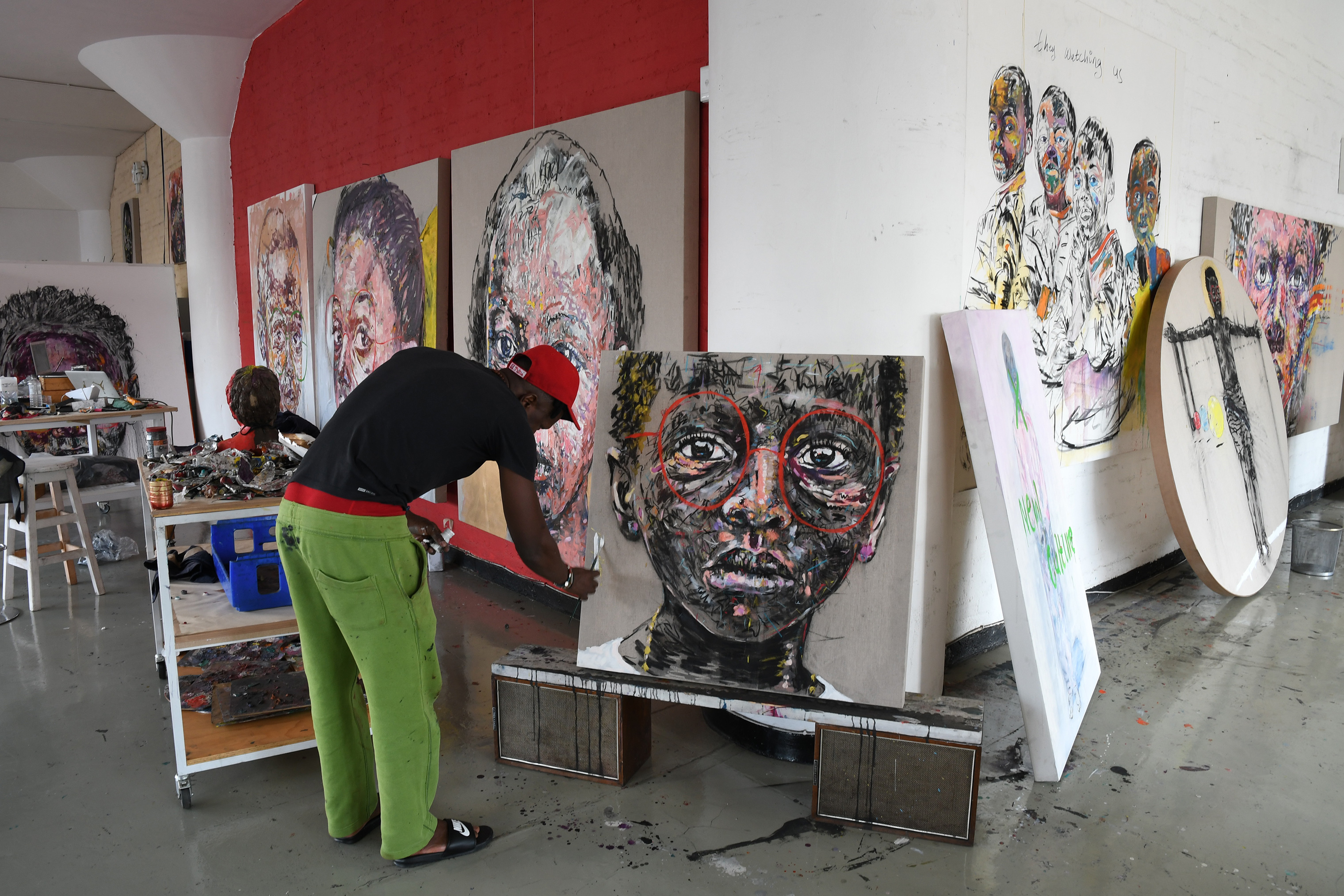 Nelson Makamo works in his studio in Johannesburg. (Matsela Moshokoa for TIME)