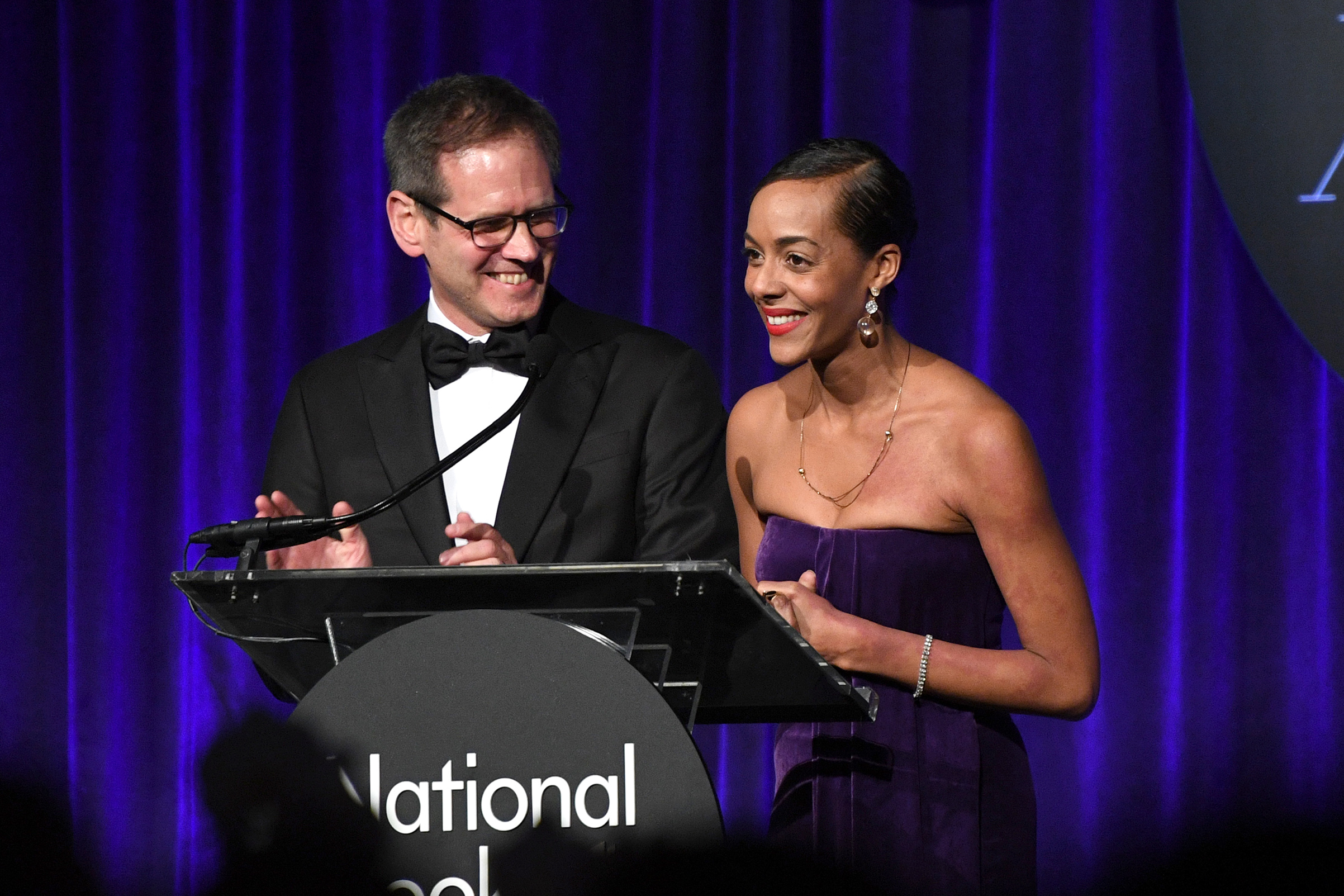 David Steinberger and Lisa Lucas speak onstage during the 68th National Book Awards at Cipriani Wall Street on November 15, 2017 in New York City. (Dimitrios Kambouris—Getty Images)