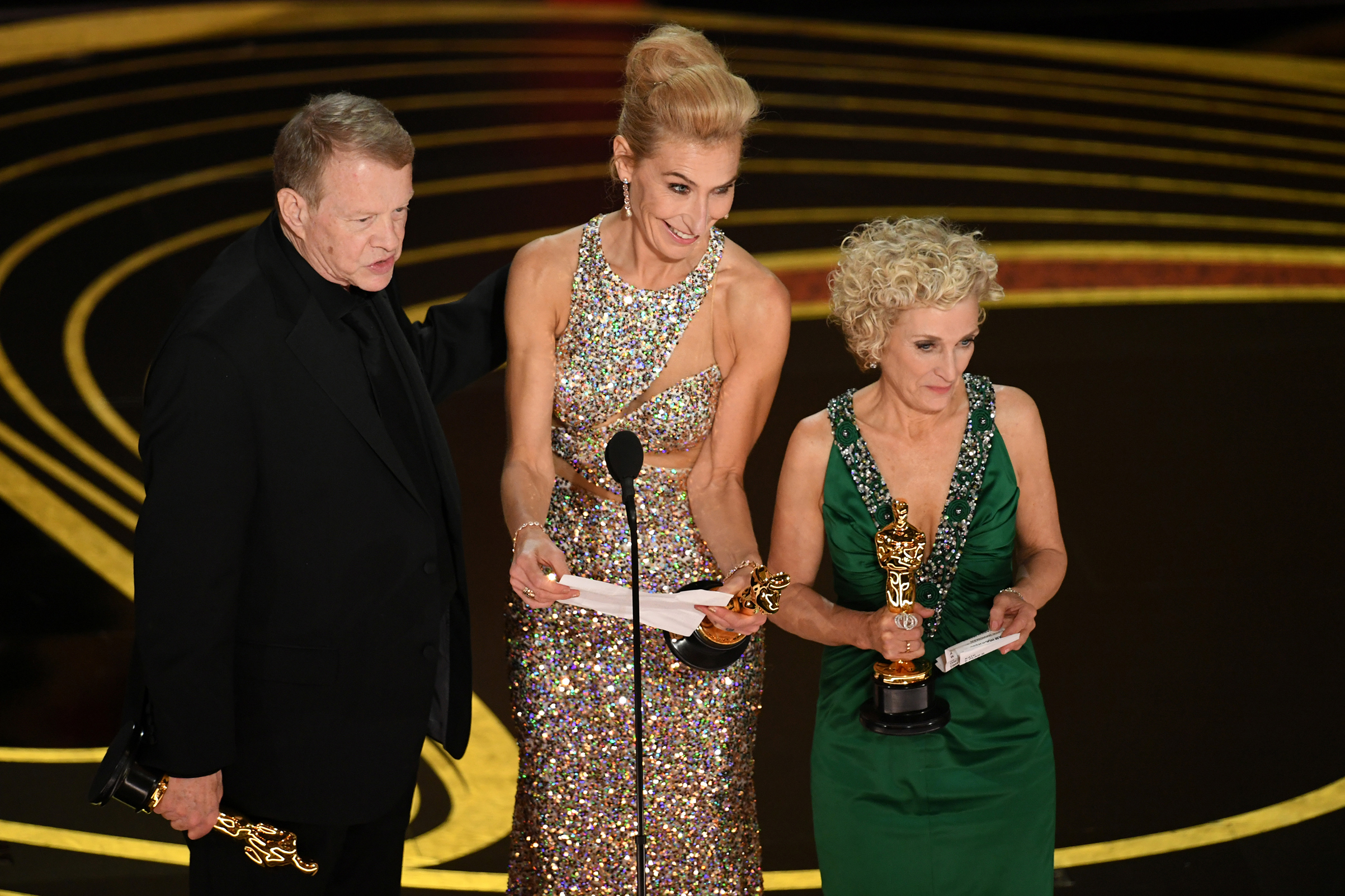 Greg Cannom, Kate Biscoe, and Patricia Dehaney accept the Makeup and Hairstyling award for 'Vice' onstage during the 91st Annual Academy Awards at Dolby Theatre on Feb. 24, 2019. (Kevin Winter—Getty Images)