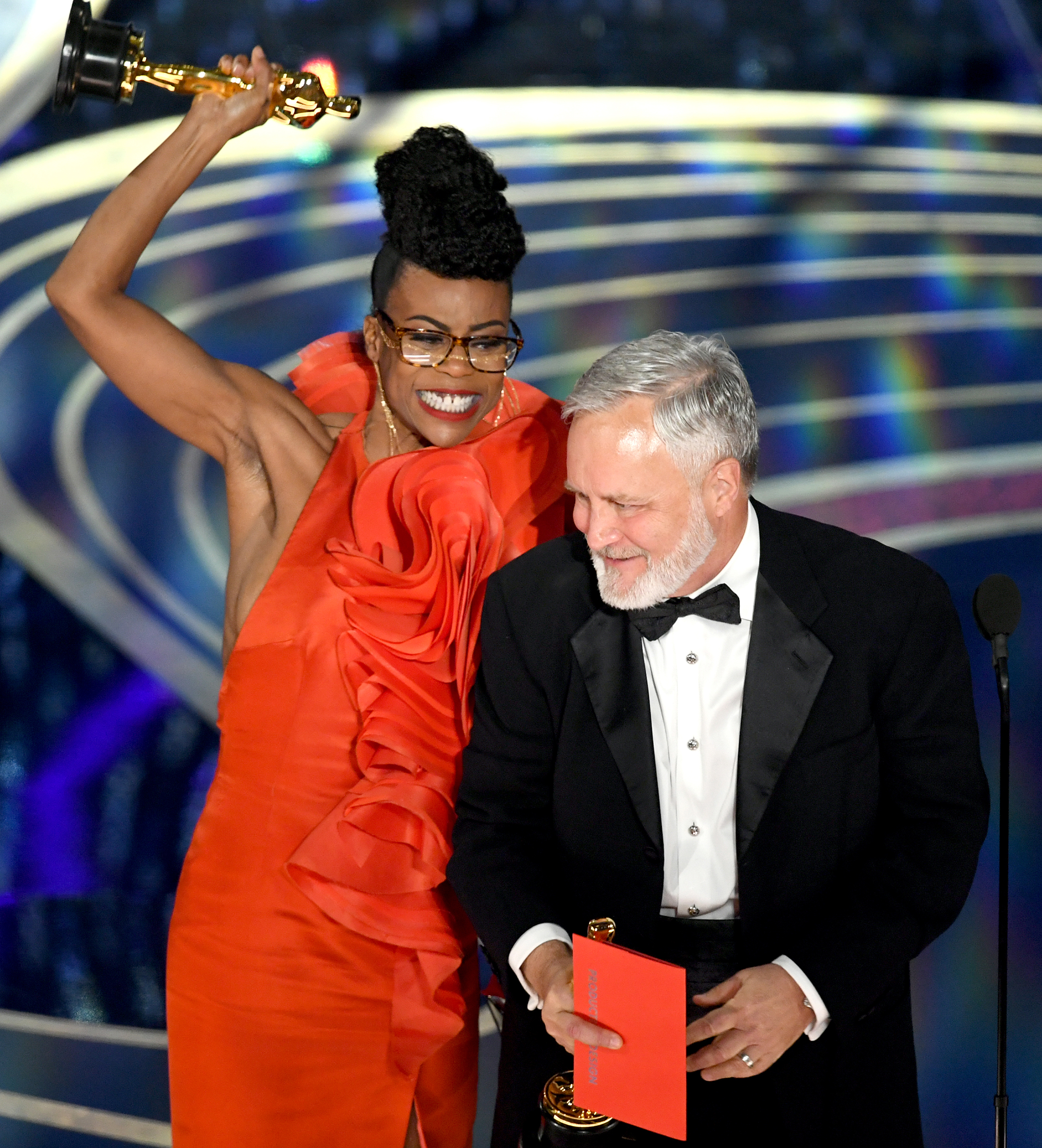 Hannah Beachler and Jay Hart accept the Production Design award for 'Black Panther' onstage during the 91st Annual Academy Awards at Dolby Theatre on Feb. 24, 2019.