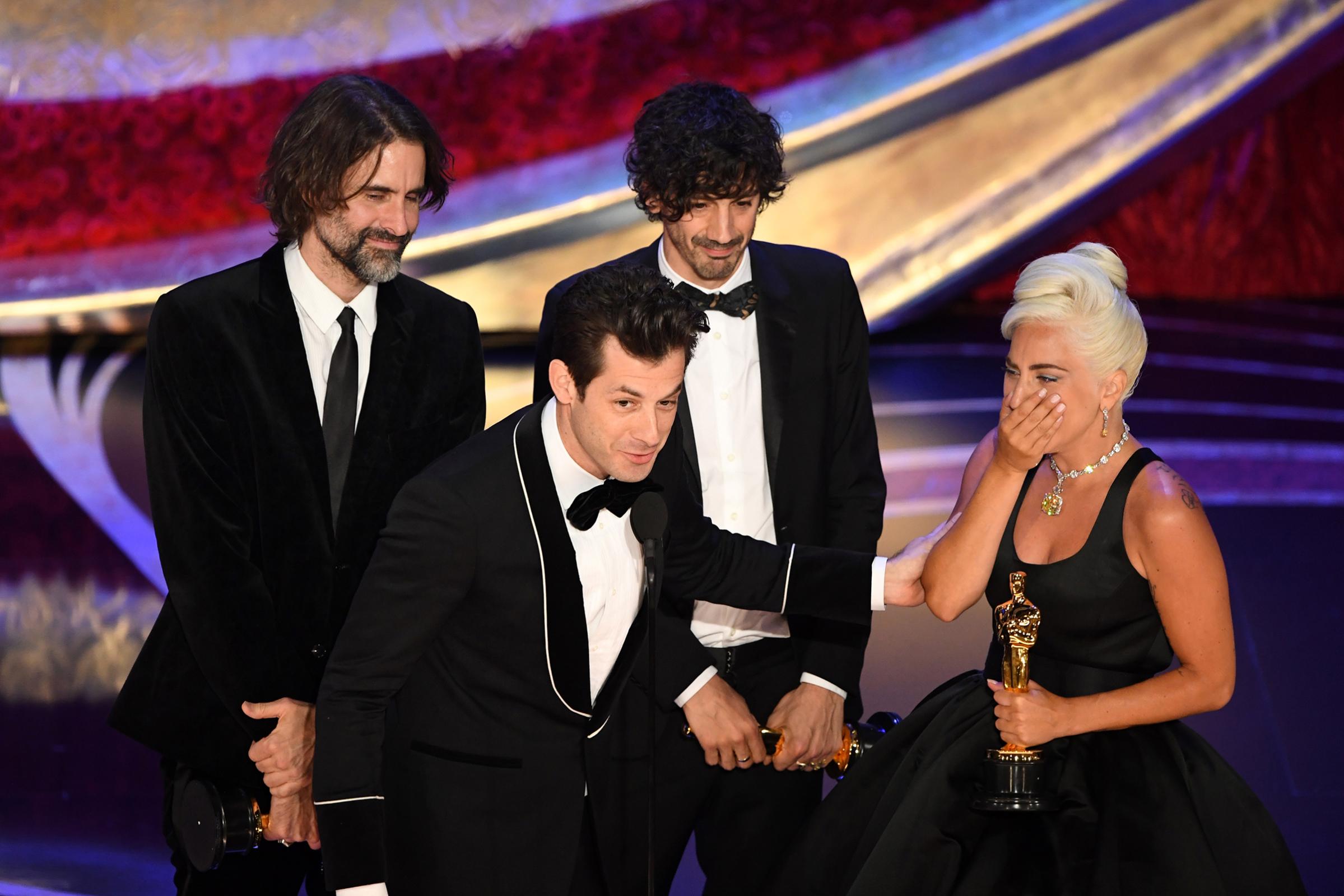 Best Original Song nominees for "Shallow" from "A Star is Born" Lady Gaga, Mark Ronson, Anthony Rossomando and Andrew Wyatt accept the award for Best Original Song during the 91st Annual Academy Awards at the Dolby Theatre in Hollywood, California on Feb. 24, 2019.
