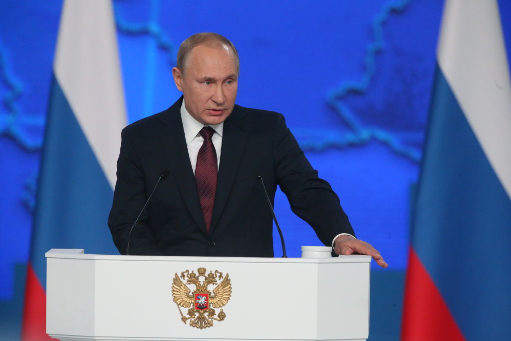 Russian President Vladimir Putin delivers his annual address to the nation on Feb. 20, 2019 in Moscow, Russia. He warned the United States that if they put new missiles in Europe, Russia will retaliate. (Mikhail Svetlov—Getty Images)