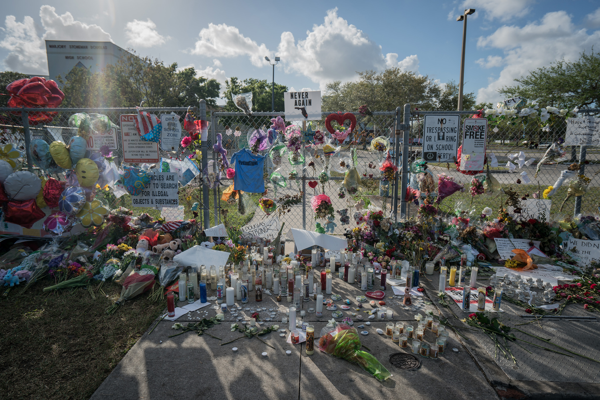 A makeshift memorial at Marjory Stoneman Douglas High School in Parkland, Fla. on Feb. 25, 2018. (Giles Clarke—Getty Images)