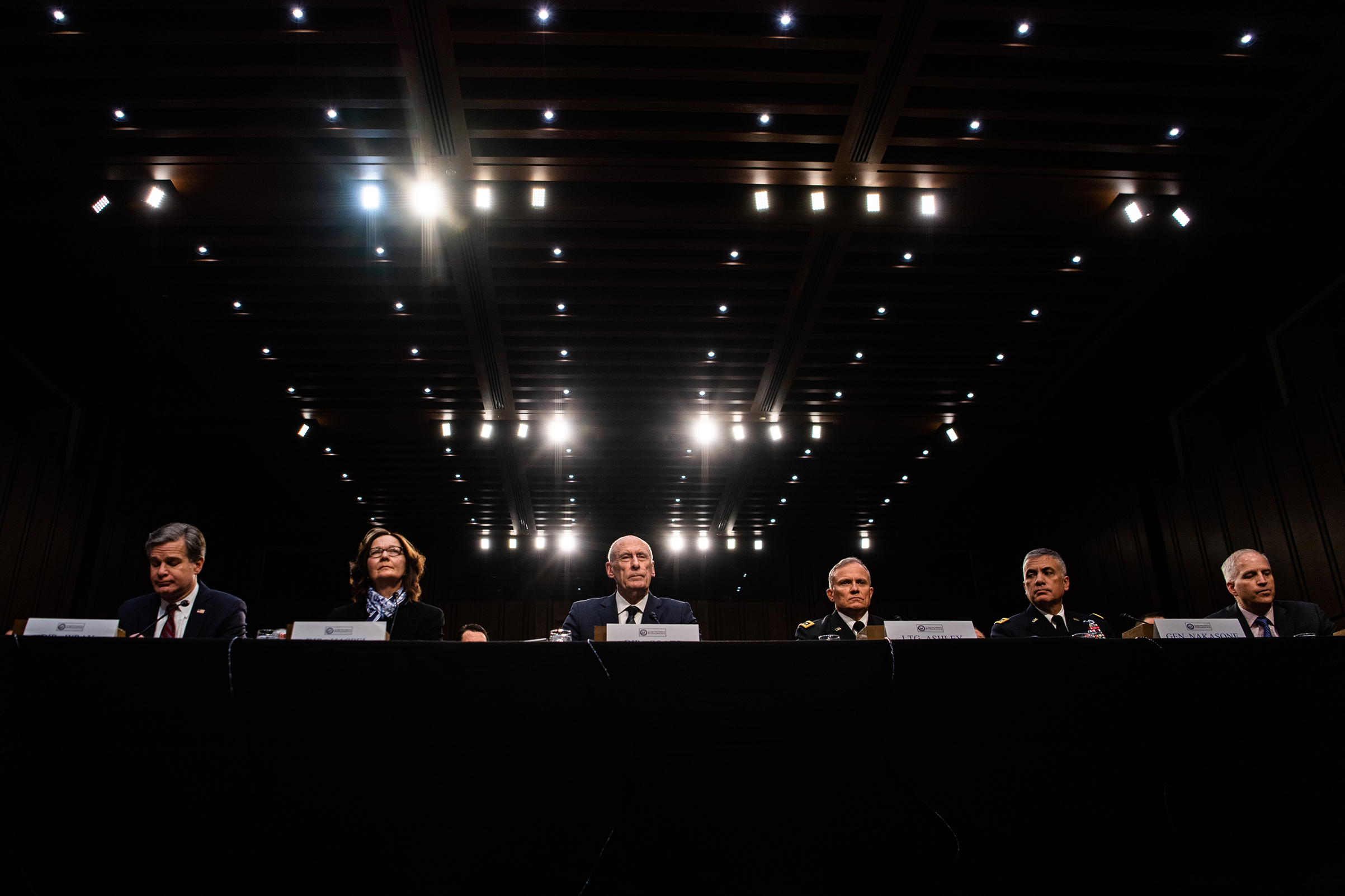 From left, FBI Director Christopher Wray, CIA Director Gina Haspel, Director of National Intelligence Daniel Coats, Defense Intelligence Agency Director Gen. Robert Ashley, National Security Agency Director Gen. Paul Nakasone and National Geospatial-Intelligence Agency Director Robert Cardillo testify to the Senate Intelligence Committee on worldwide threats on Jan. 29, 2019. (Salwan Georges—The Washington Post/Getty Images)