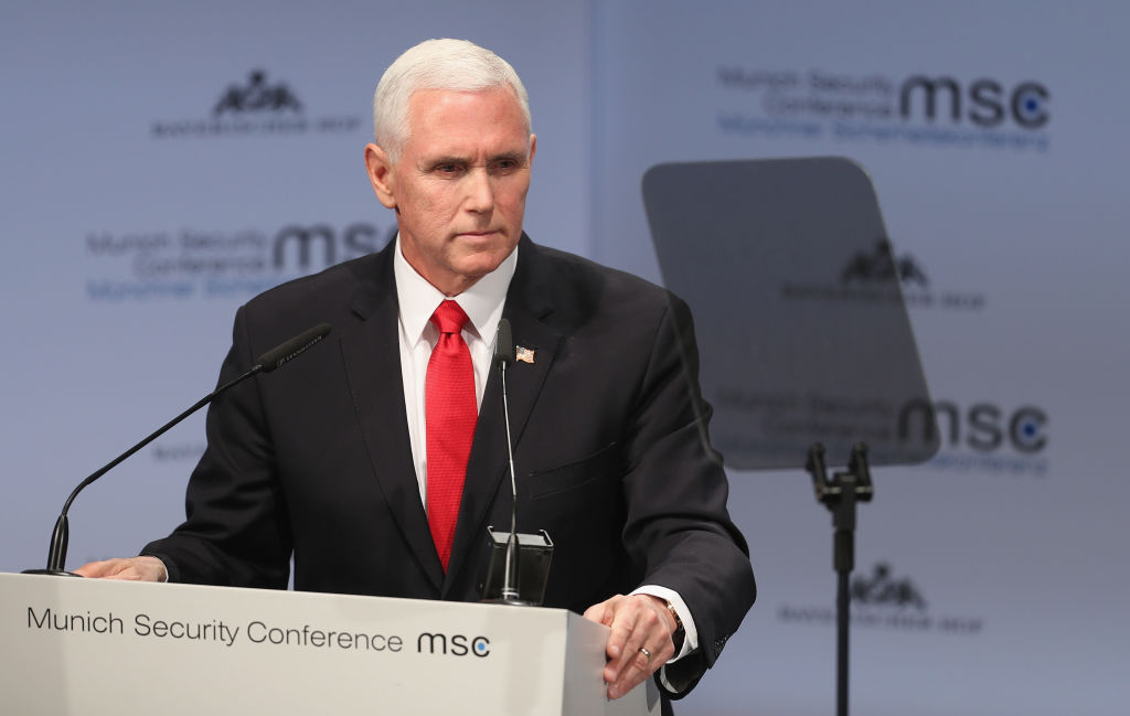 US Vice President Michael Pence gives a speech during the 55th Munich Security Conference (MSC) on Feb. 16, 2019 in Munich, Germany. Spain dismissed the appeal Pence made for NATO allies to fill the void the US will leave behind when troops leave. (Alexandra Beier—Getty Images)