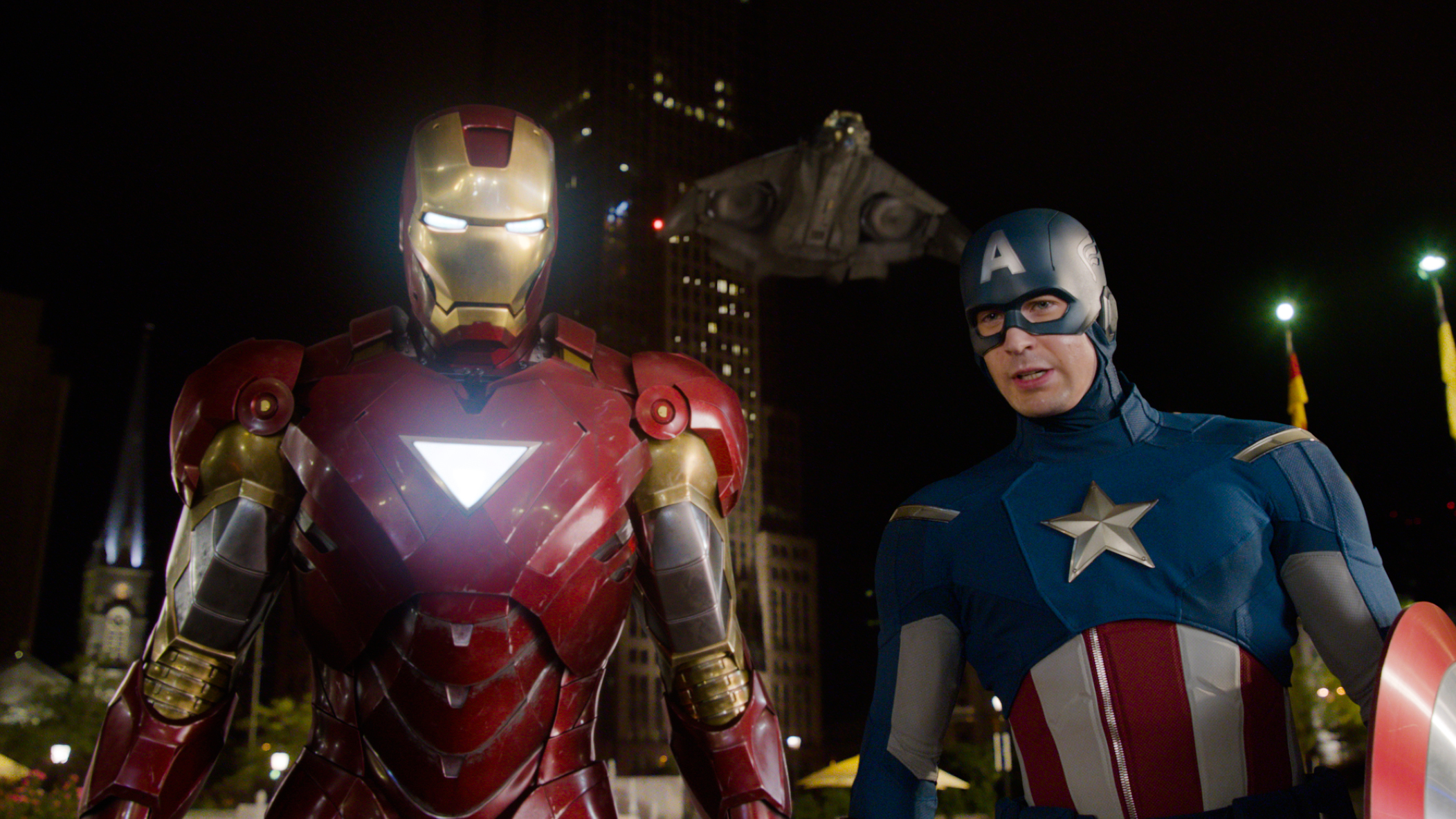 THE AVENGERS, l-r: Robert Downey Jr., (as Iron Man, Chris Evans (as Captain America), 2012, ©Walt Di