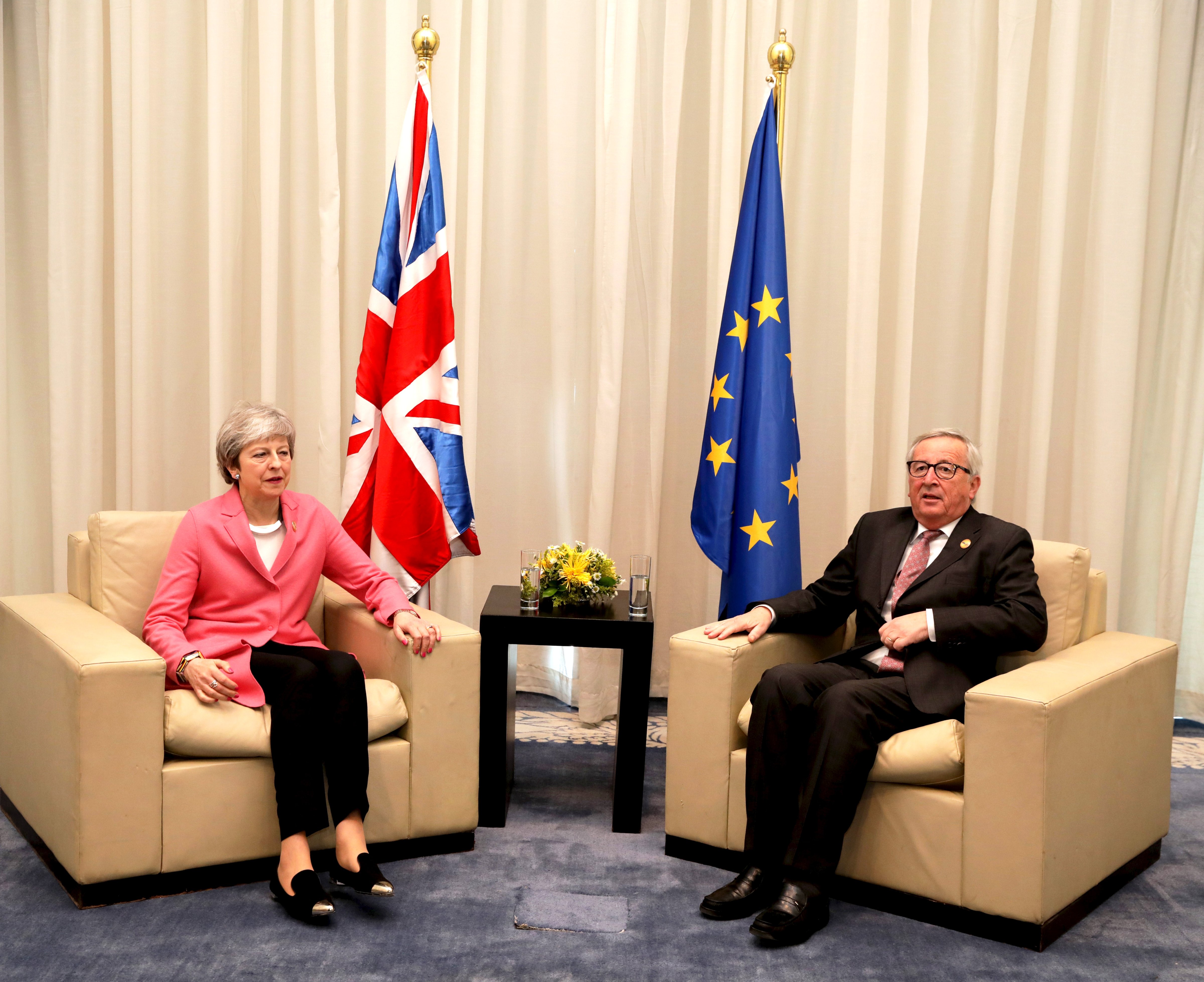 British Prime Minster Theresa May and President of European Commission Jean-Claude Juncker hold bilateral talks during the first Arab-European Summit in Sharm El Sheikh, Egypt on Feb. 25, 2019. (Dan Kitwood&mdash;Getty Images)