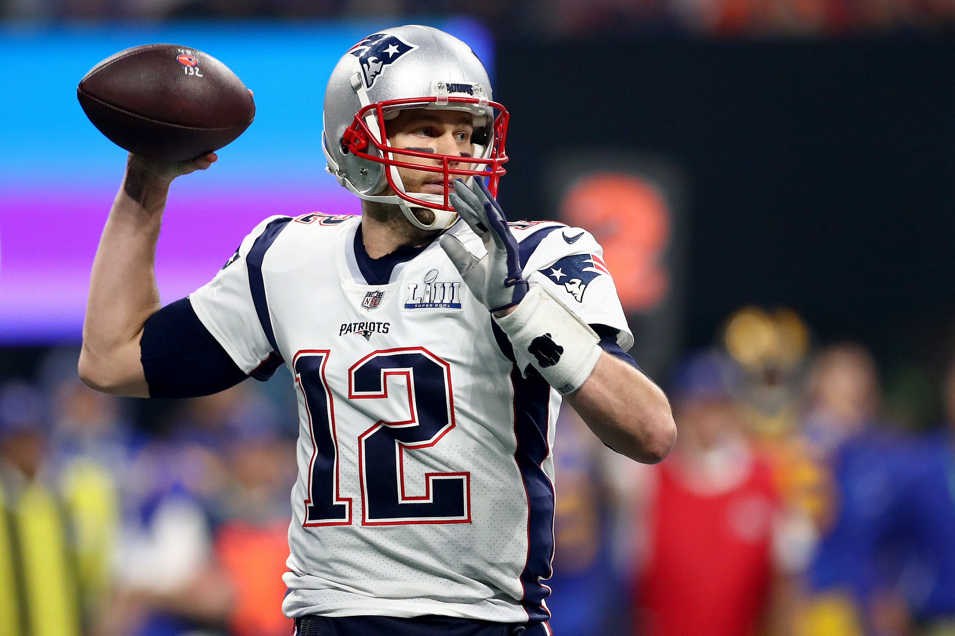Tom Brady #12 of the New England Patriots attempts a pass against the Los Angeles Rams in the first quarter during Super Bowl LIII at Mercedes-Benz Stadium on February 03, 2019 in Atlanta, Georgia. (Maddie Meyer&mdash;Getty Images)