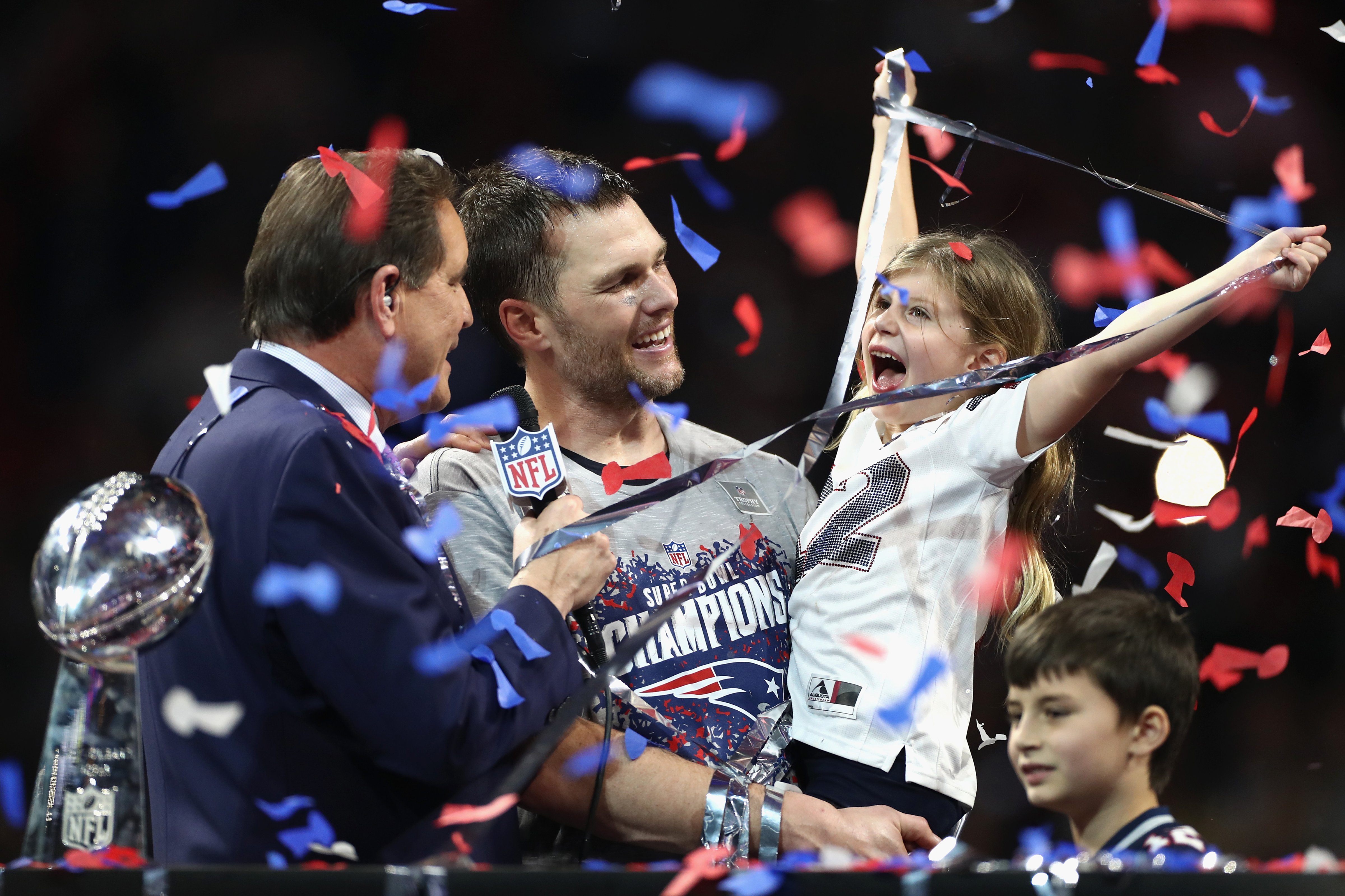 Vivian Lake Brady, daughter of Tom Brady #12, celebrates the Patriots' 13-3 win over the Los Angeles Rams during Super Bowl LIII at Mercedes-Benz Stadium on February 3, 2019 in Atlanta, Georgia. (Jamie Squire&mdash;Getty Images)