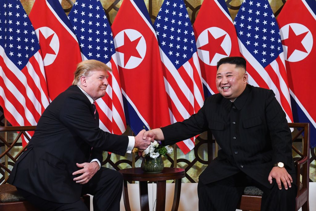 U.S. President Donald Trump shakes hands with North Korea's leader Kim Jong Un following a meeting at the Sofitel Legend Metropole hotel in Hanoi on February 27, 2019. (SAUL LOEB&mdash;AFP/Getty Images)
