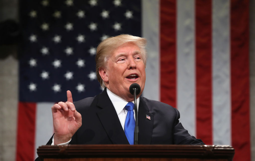 U.S. President Donald Trump gestures during the State of the Union address in the chamber of the US House of Representatives in Washington, D.C. on Jan. 30, 2018. It was reported on Feb. 5, 2019 ahead of the State of the Union by multiple sources that President Trump will not declare a national emergency about the U.S.-Mexico border during the address unlike he speculated the week before. (Win McNamee—AFP/Getty Images)
