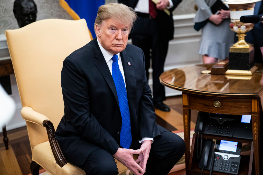 President Donald J. Trump listens during a meeting in the Oval Office at the White House on Feb. 13, 2019 in Washington, D.C. On Feb. 15, 2019 he said he expects an increase in trade with the U.K. (The Washington Post—The Washington Post/Getty Images)