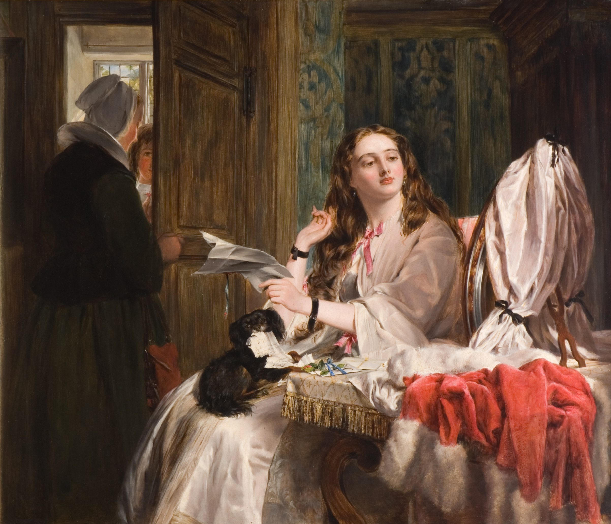 St. Valentine's Morning, 1863. Oil Painting by John Calcott Horsley (1817-1903). Oil painting showing a young woman in her room reading a letter with a black dog on her lap. At the door, which is being opened a lady in black, a male suitor waits to enter. (Todd-White Art Photography/Getty Images)