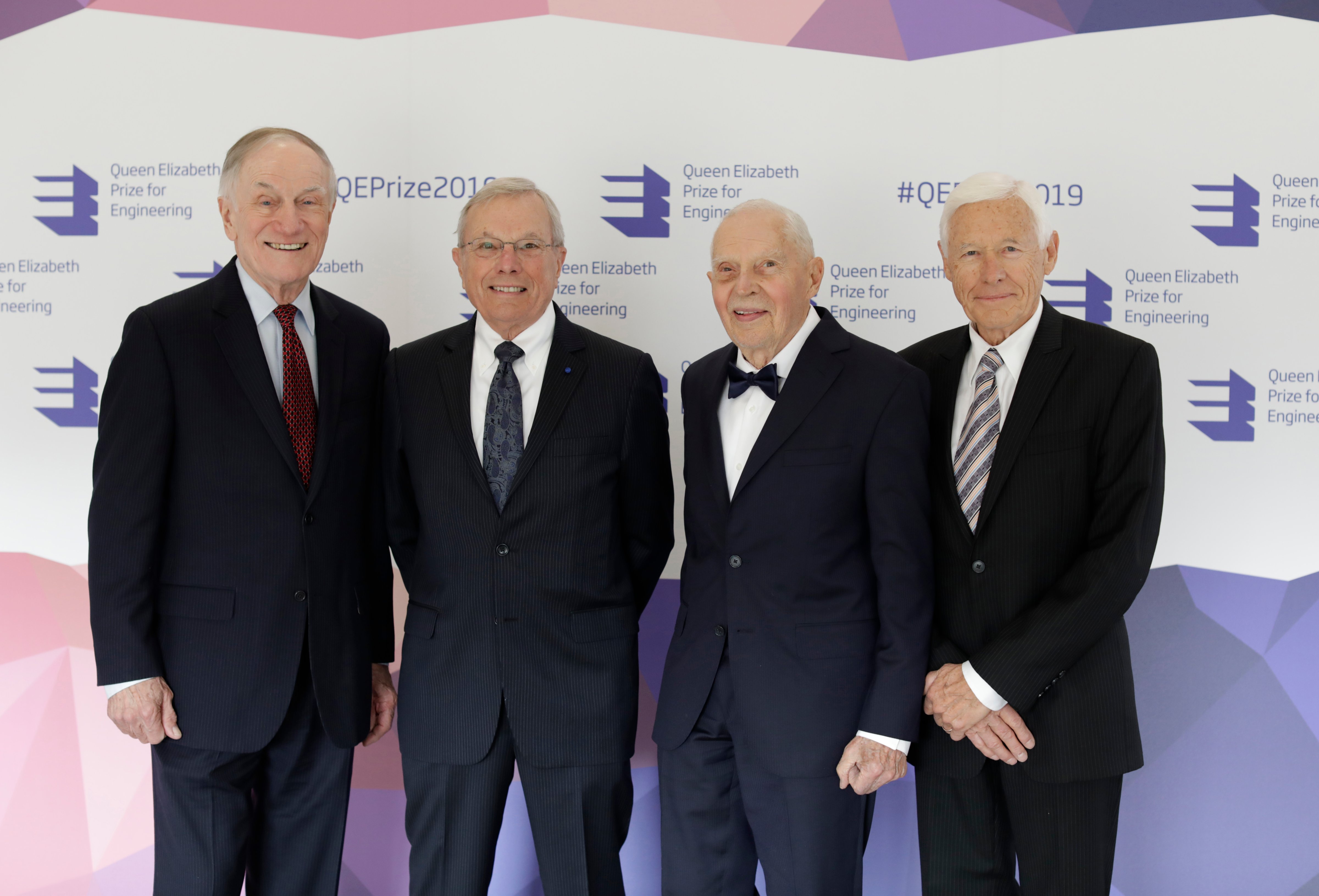 Winners of the 2019 Queen Elizabeth Prize for Engineering, L-R Richard Schwartz, Dr. Bradford Parkinson, Professor James Spilker, Jr, Hugo Fruehauf