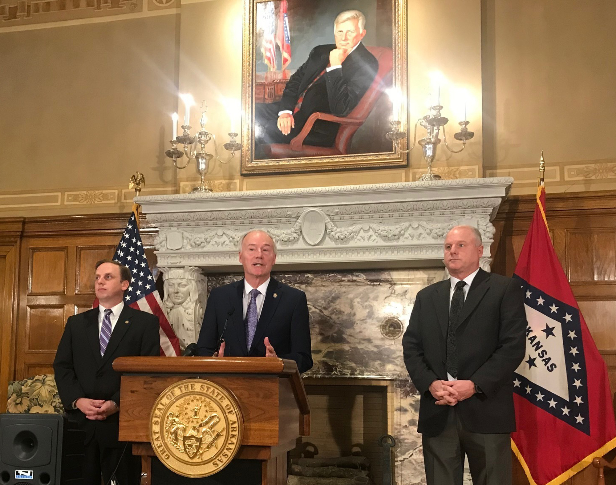 Arkansas Gov. Asa Hutchinson speaks at a news conference about a ruling against the state's work requirement for its Medicaid expansion program at the state Capitol in Little Rock, Ark. on March 28, 2019. (Andrew DeMillo—AP)