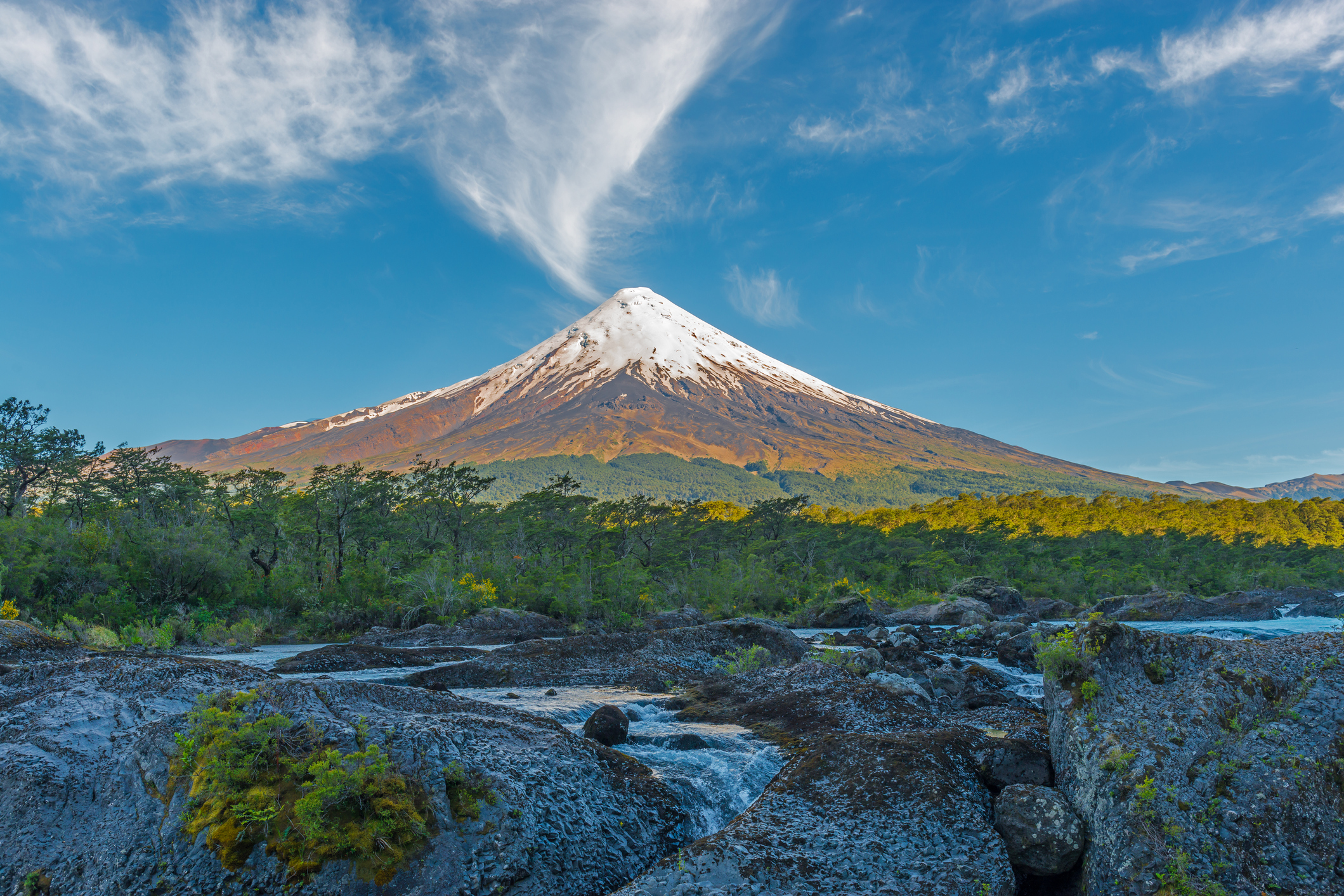 Osorno volcano with the Petrohue waterfalls and river in the foreground in the lake district near Puerto Varas and Puerto Montt, South Chile (SL_Photography—Getty Images/iStockphoto.)