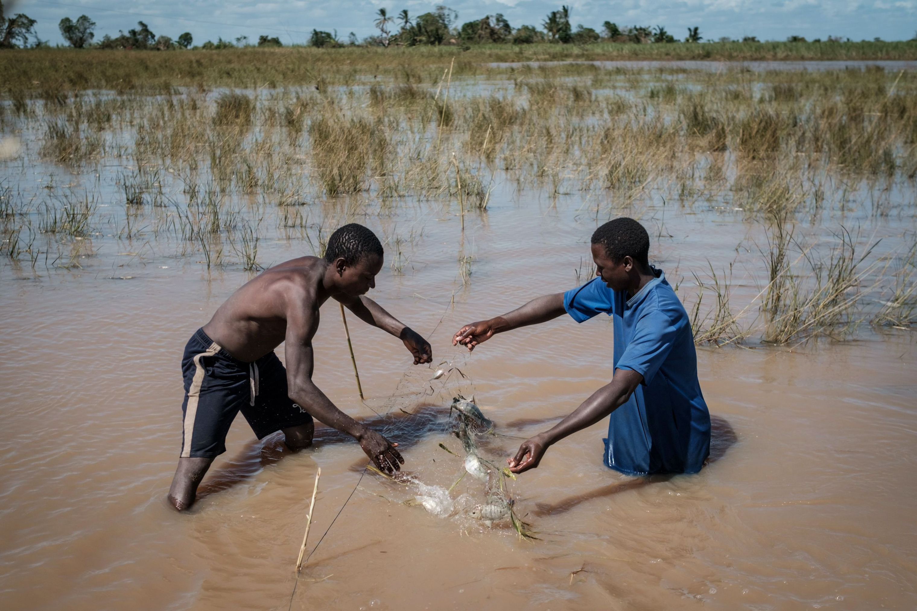 Fishermen catch fish in a flooded area hit by the Cyclone Idai in Tica, Mozambique, on March 24, 2019. (Yasuyoshi Chiba—AFP/Getty Images)