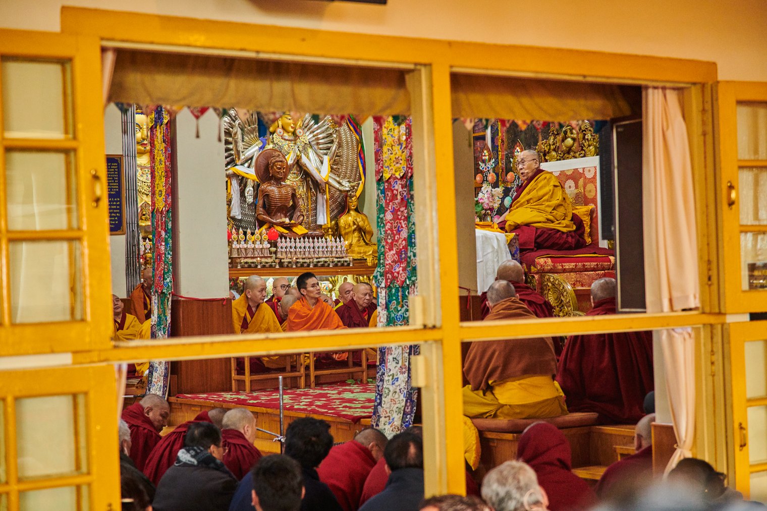 The Dalai Lama delivers a lecture from his throne on Feb. 18 to mark Losar, the Tibetan new year.