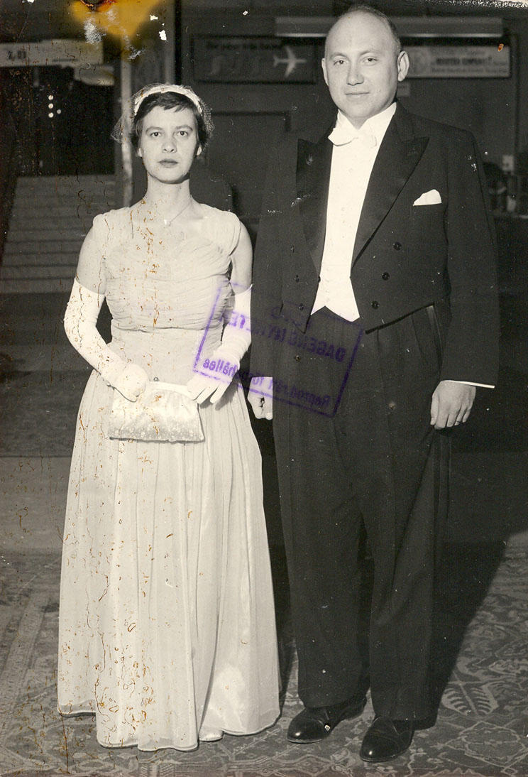 Lederberg with her first husband, Joshua at the Nobel Prize ceremony in Stockholm in 1958 (Courtesy of the Esther M. Zimmer Lederberg Memorial Website)
