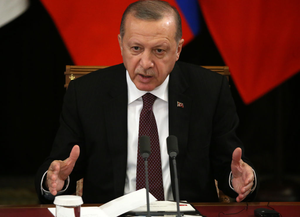 Turkish President Recep Tayyip Erdogan speaks during a Russian-Turkish-Iraninan meeting in Sochi, Russia, February 14, 2019. (Mikhail Svetlov&mdash;Getty Images)