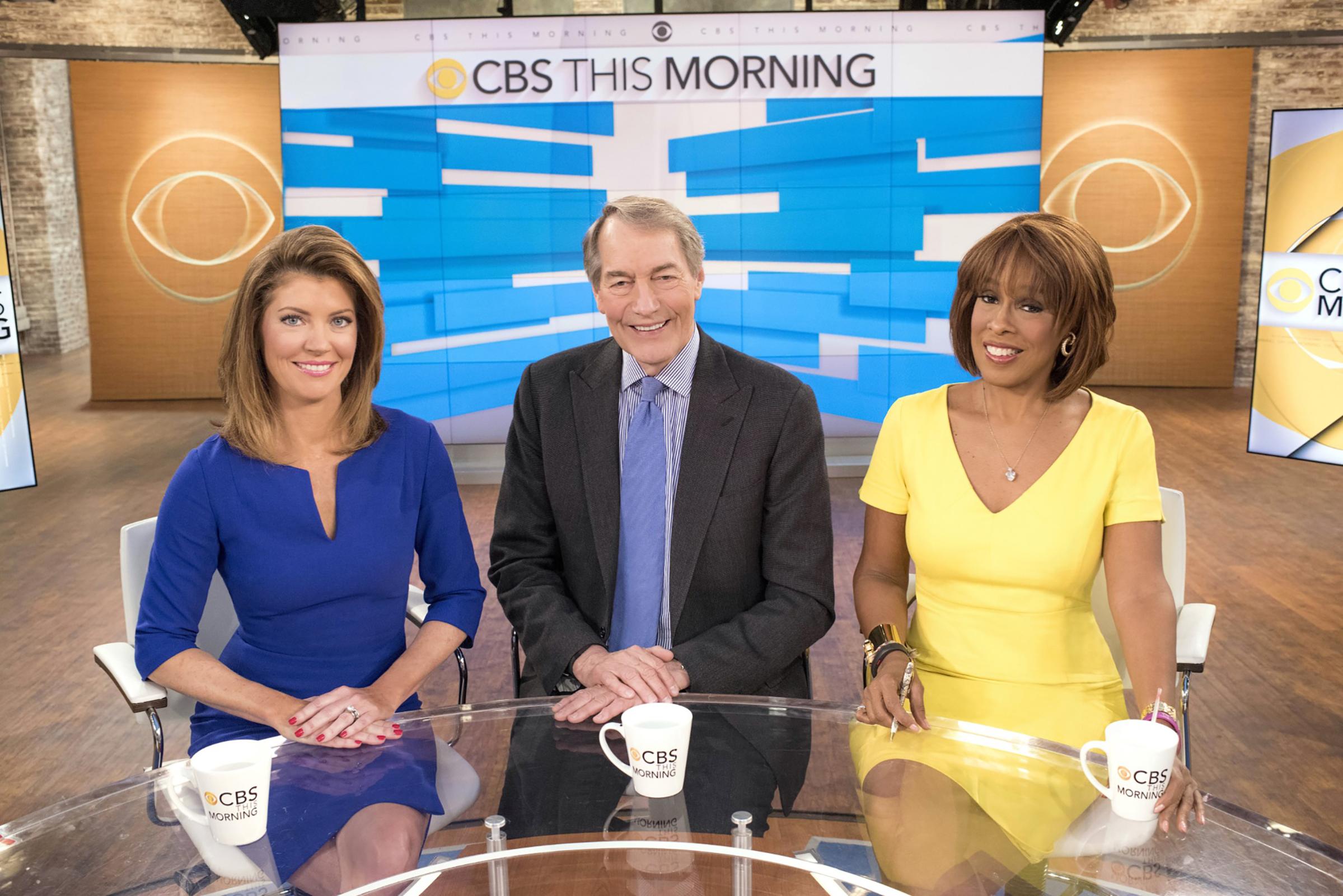 King with morning co-hosts Norah O’Donnell and Charlie Rose at CBS in 2016