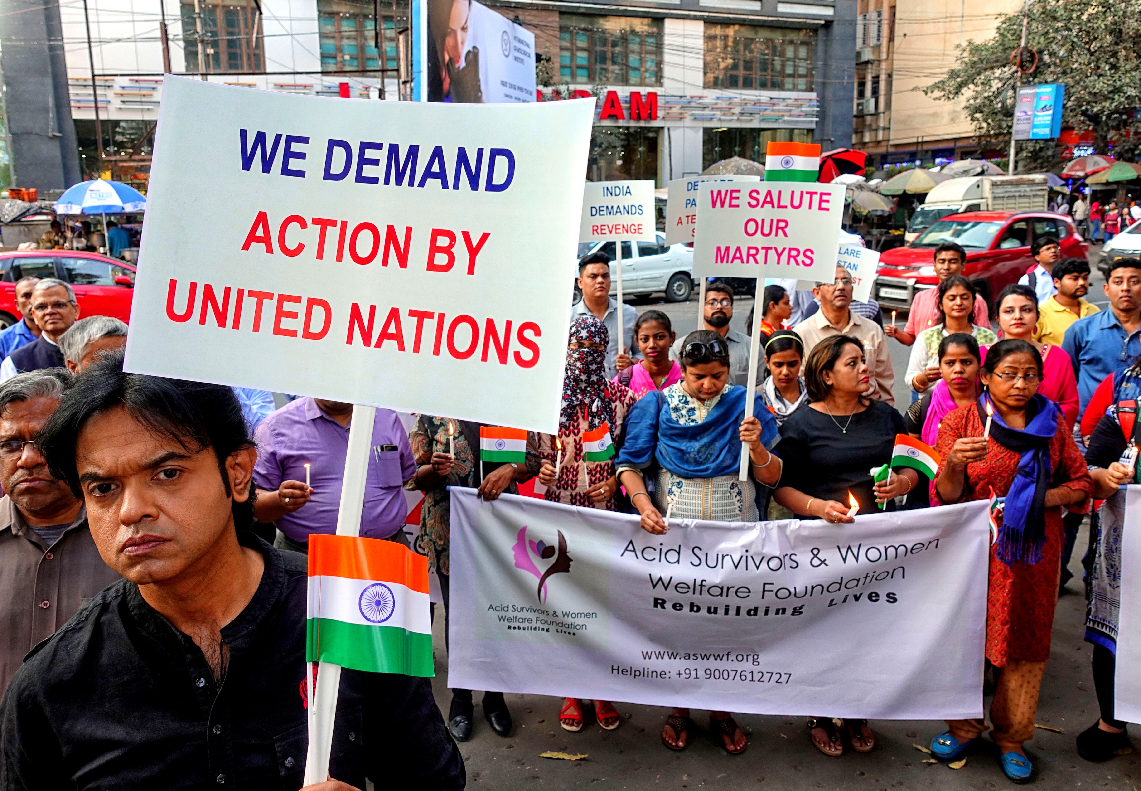 Demonstrators gathering in front of the British Council &amp; UNICEF West Bengal Office demanding U.N. action against Pakistan and the perpetrators of the Pulwama terrorist attack on Feb. 19, 2019. (Avishek DasS&mdash;OPA Images/LightRocket/Getty Images)
