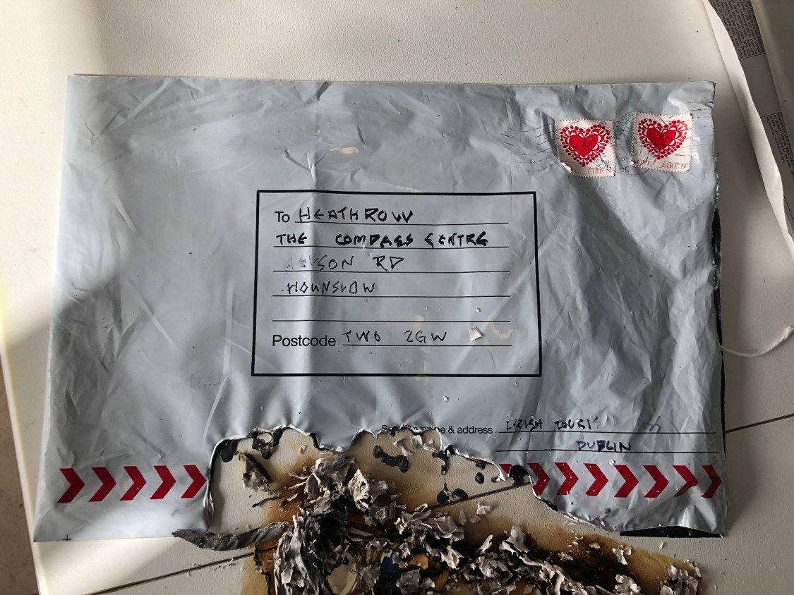 In this handout photograph provided by the Metropolitan Police, a package containing a small improvised explosive device that was delivered to the Compass Centre, Hounslow on March 5, 2019 in London, England. (Getty Images)
