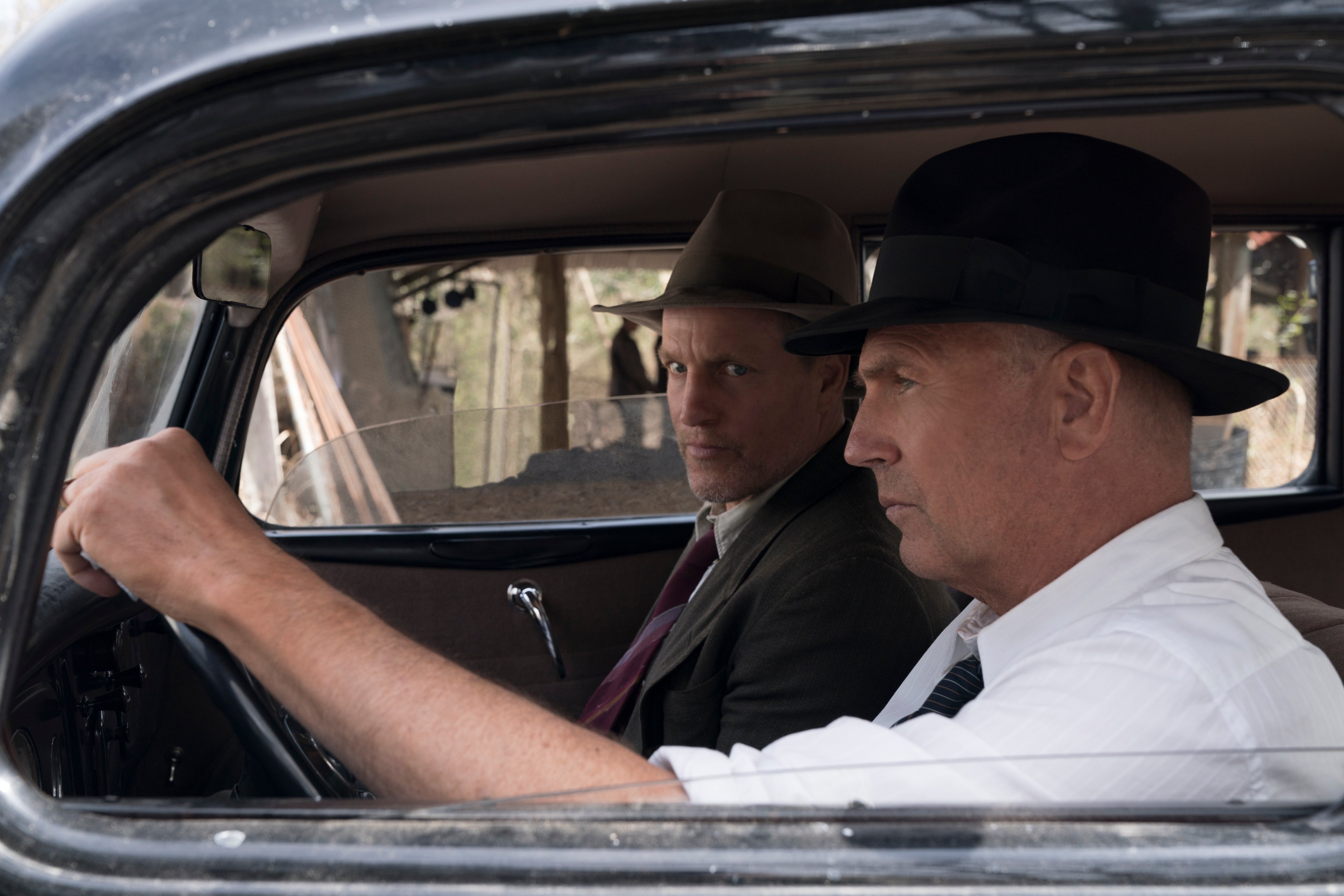 Woody Harrelson, left and Kevin Costner in "The Highwaymen" on Netflix. (Hilary B Gayle/SMPSP)