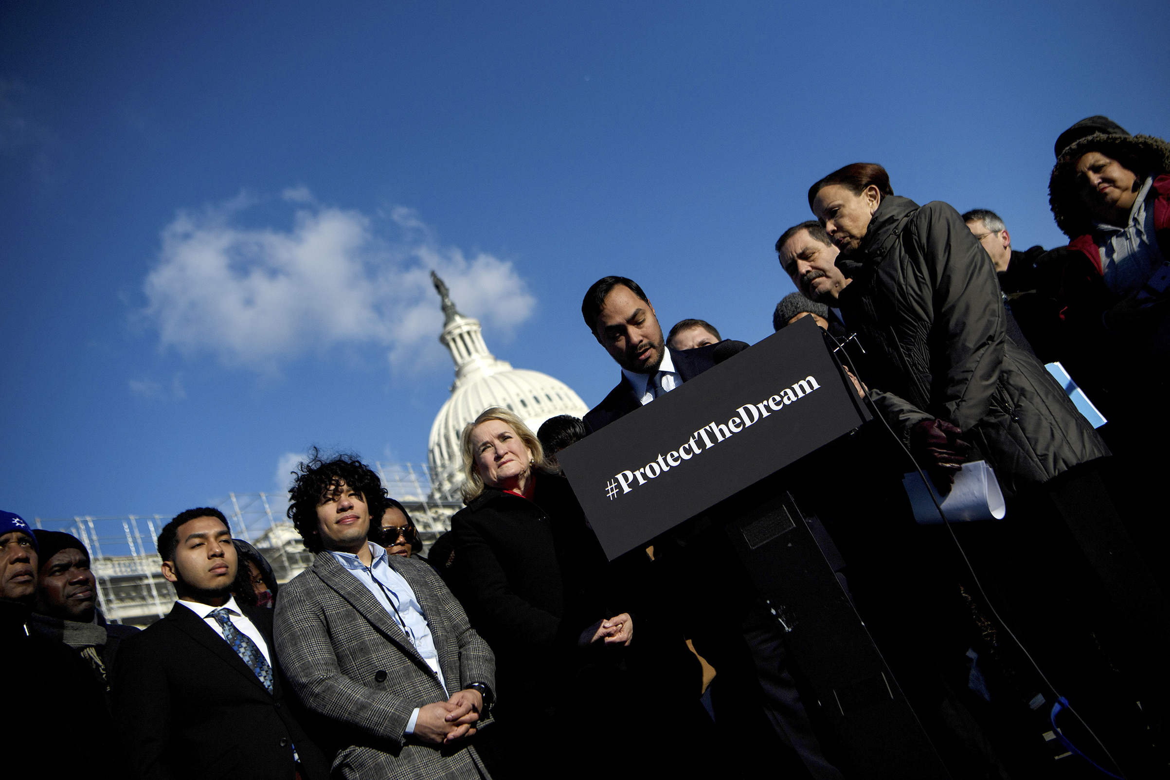 Texas Representative Joaquin Castro and others participate in an event with DACA (Deferred Action for Childhood Arrivals), TPS (Temporary Protected Status), and DED (Deferred Enforced Departure) recipients on March 6 in Washington, DC. (Brendan Smialowski—AFP/Getty Images)