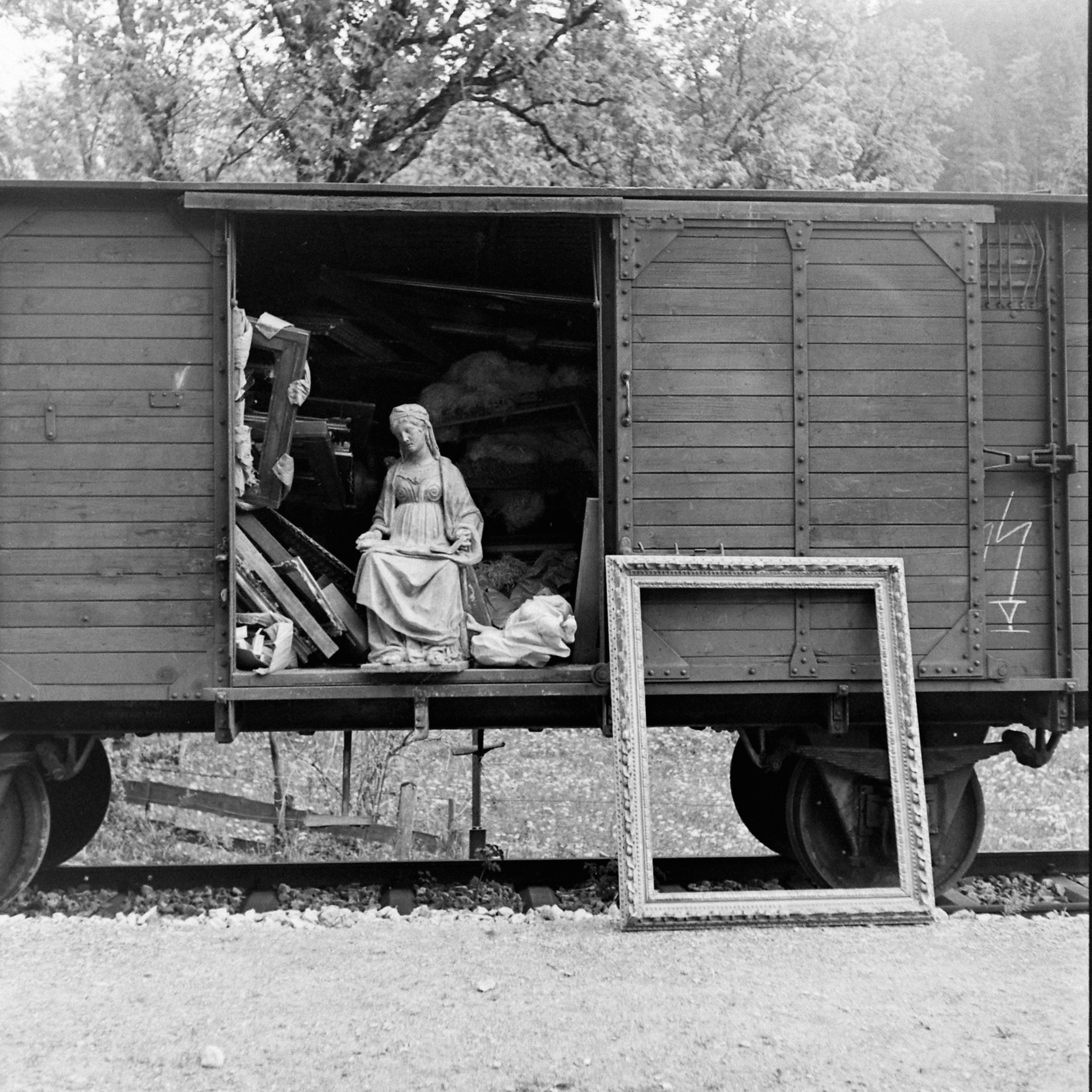 View of a train boxcar, through the open door of which can be seen some of the art collection looted by the Nazis, near Berchtesgaden, Germany, 1945. (William Vandivery—The LIFE Images Collection/Getty)