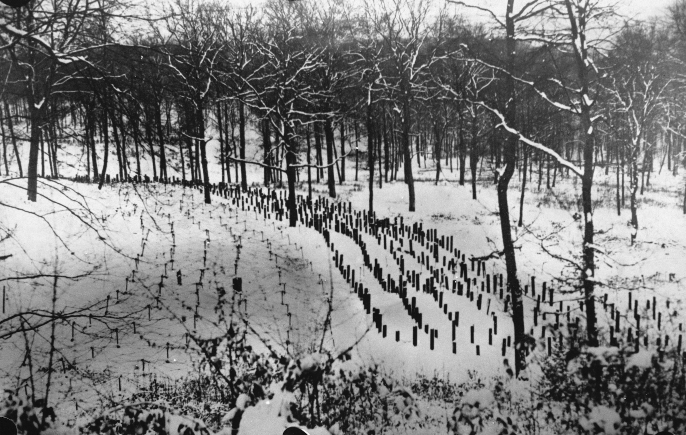 At the Maginot Line, rows of small posts in the snow to prevent the advance of German tanks and troops, ca. 1940 (Hulton Deutsch/Corbis/Getty Images)