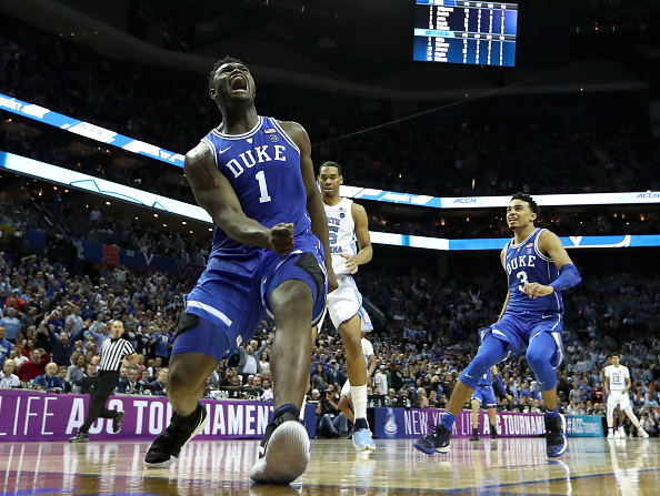 Zion Williamson #1 of the Duke Blue Devils reacts after a dunk against the North Carolina Tar Heels during their game in the semifinals of the 2019 Men's ACC Basketball Tournament at Spectrum Center in Charlotte, North Carolina on March 15, 2019.