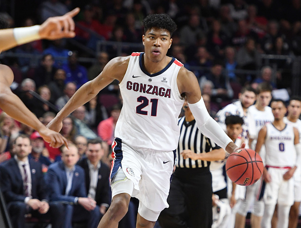 Rui Hachimura #21 of the Gonzaga Bulldogs brings the ball up the court against the Pepperdine Waves during a semifinal game of the West Coast Conference basketball tournament at the Orleans Arena in Las Vegas, Nevada on March 11, 2019.