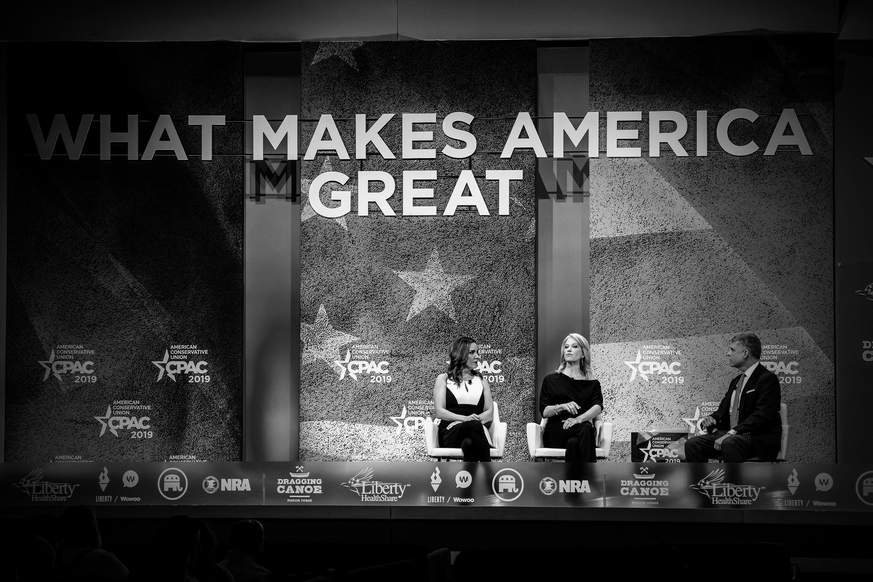 Fox News' Sara Carter and Kellyanne Conway are interviewed by Scott Walter. (Mark Peterson—Redux for TIME)