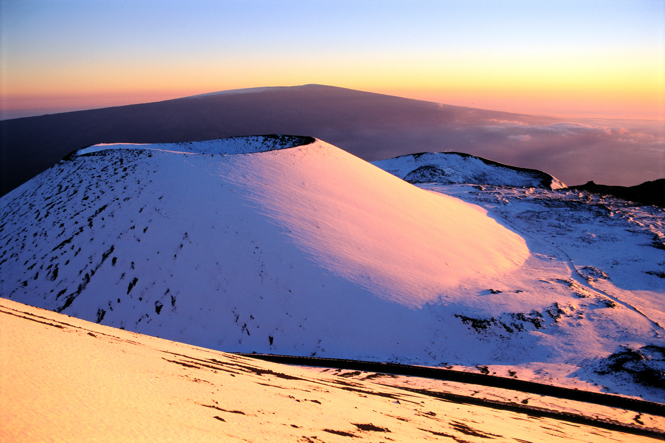 HI, BigIsle, summit of Mauna Kea covered with snow at sunset, Mauna Loa in bkgrd