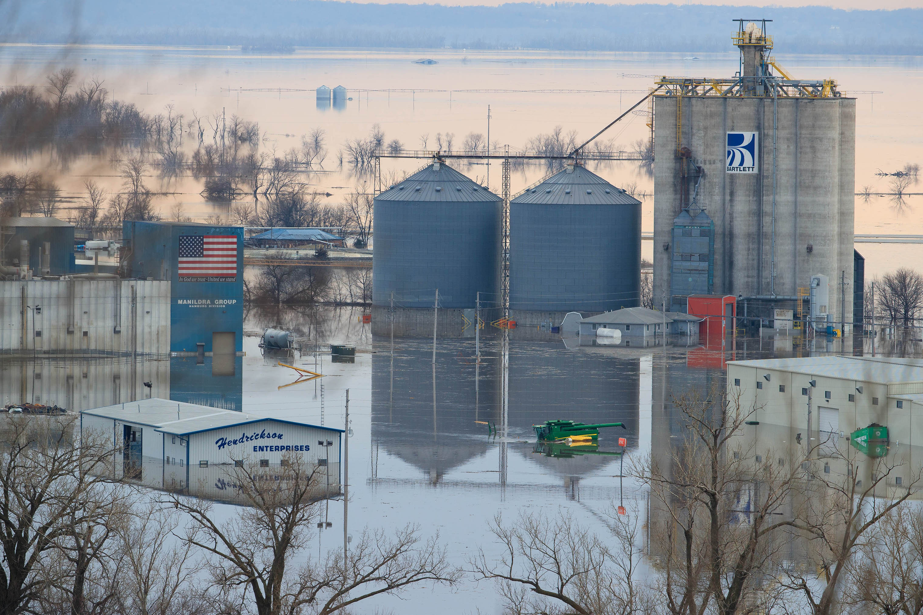 Businesses on the southwest side of Hamburg, Iowa, were flooded on March 17, 2019, from the flood waters of the Missouri River. (Ryan Soderlin—Omaha World-Herald)