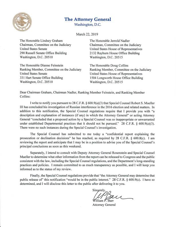 Attorney General's Mueller Report Letter