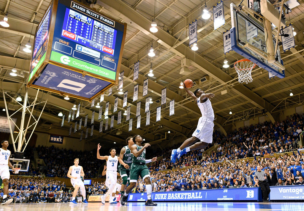 Zion Williamson #1 of the Duke Blue Devils dunks against the Eastern Michigan Eagles during the first half of their game at Cameron Indoor Stadium on November 14, 2018 in Durham, North Carolina. (Grant Halverson&mdash;Getty Images)